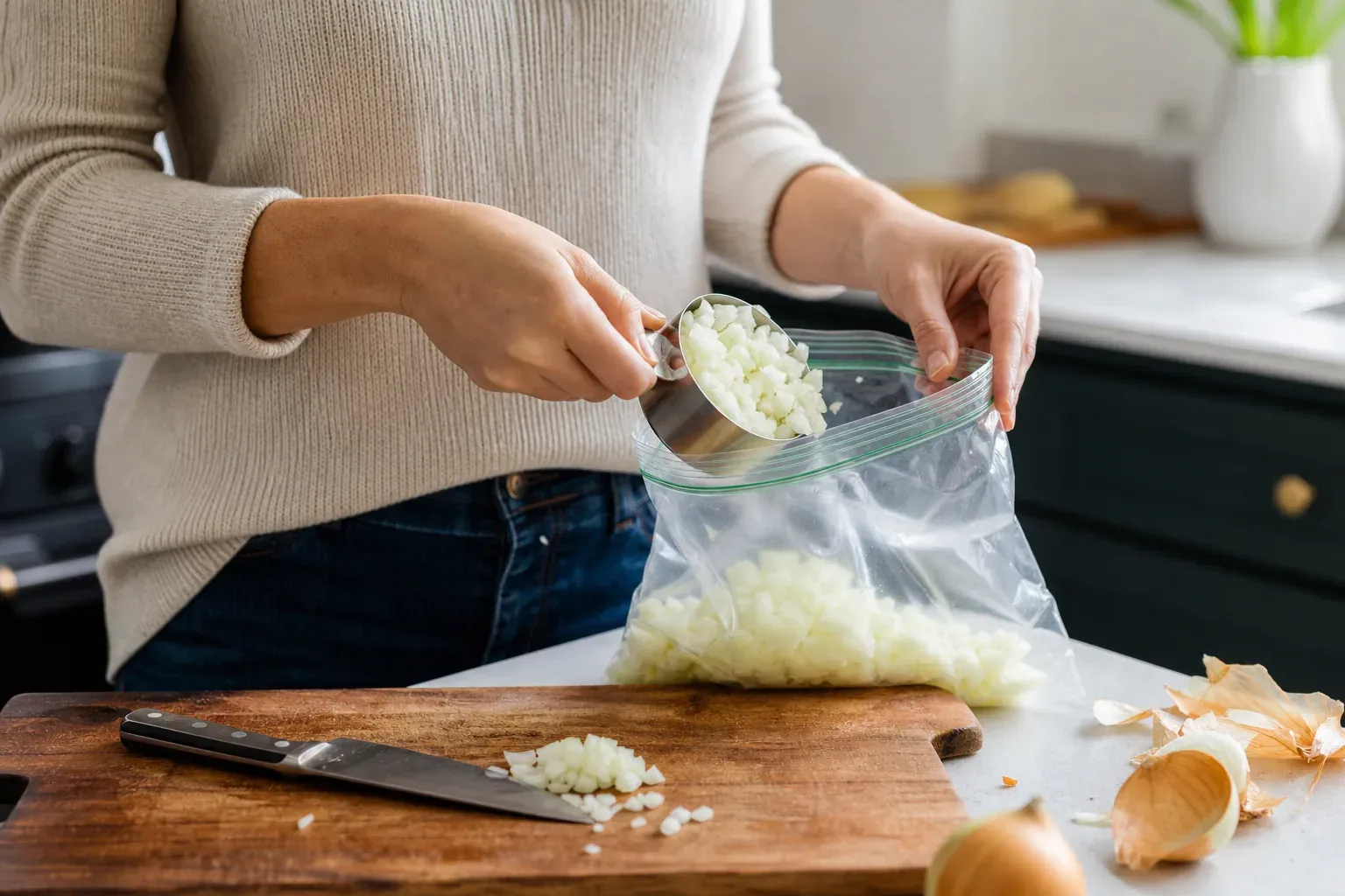 Une personne met des oignons crus coupés dans un sac de congélation sur un plan de travail de cuisine.