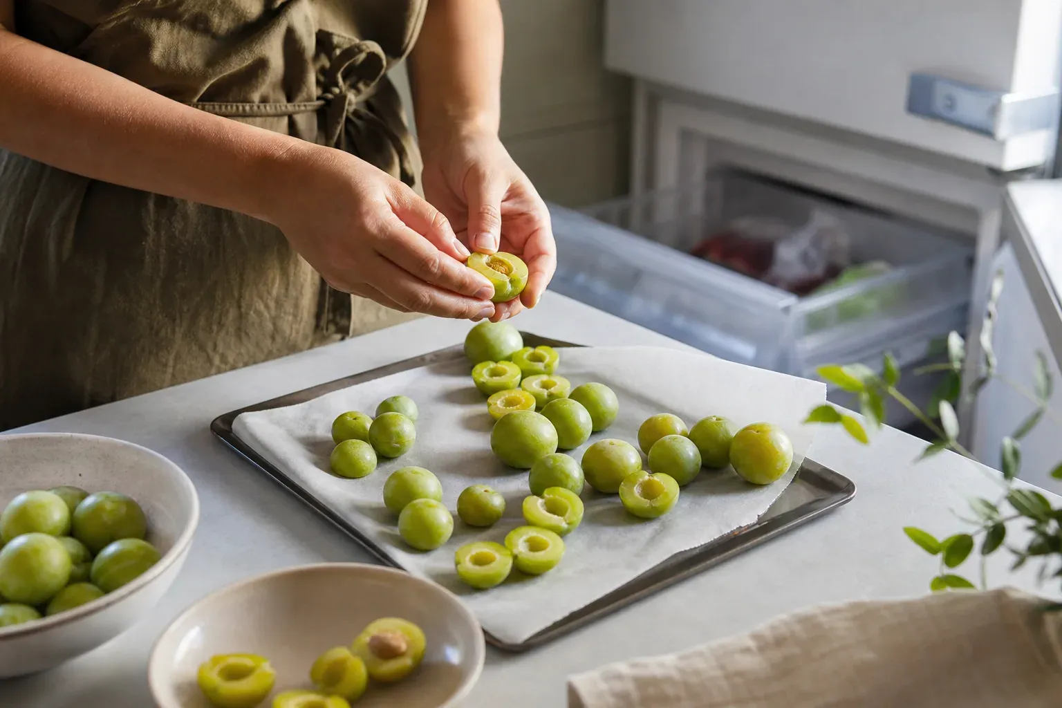 Des prunes reines-claudes fraîches, coupées en deux et disposées sur une plaque avant congélation dans une cuisine lumineuse.