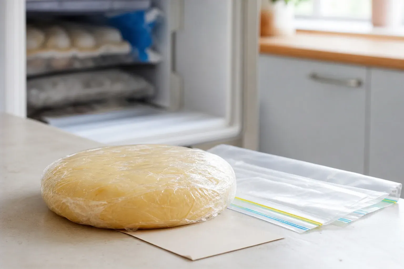 Pâte brisée crue emballée dans du film alimentaire à côté d’un sac de congélation, dans une cuisine lumineuse.