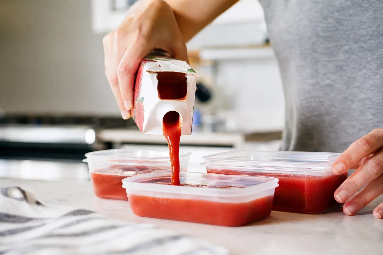 Photo réaliste d’une sauce tomate industrielle transvasée dans des contenants hermétiques avant congélation, sur un plan de travail de cuisine.