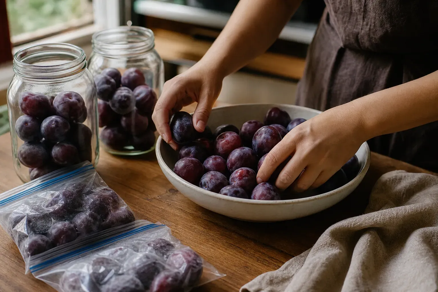 Des prunes mûres triées sur une table de cuisine, avec un bol, des bocaux en verre et des sacs de congélation.