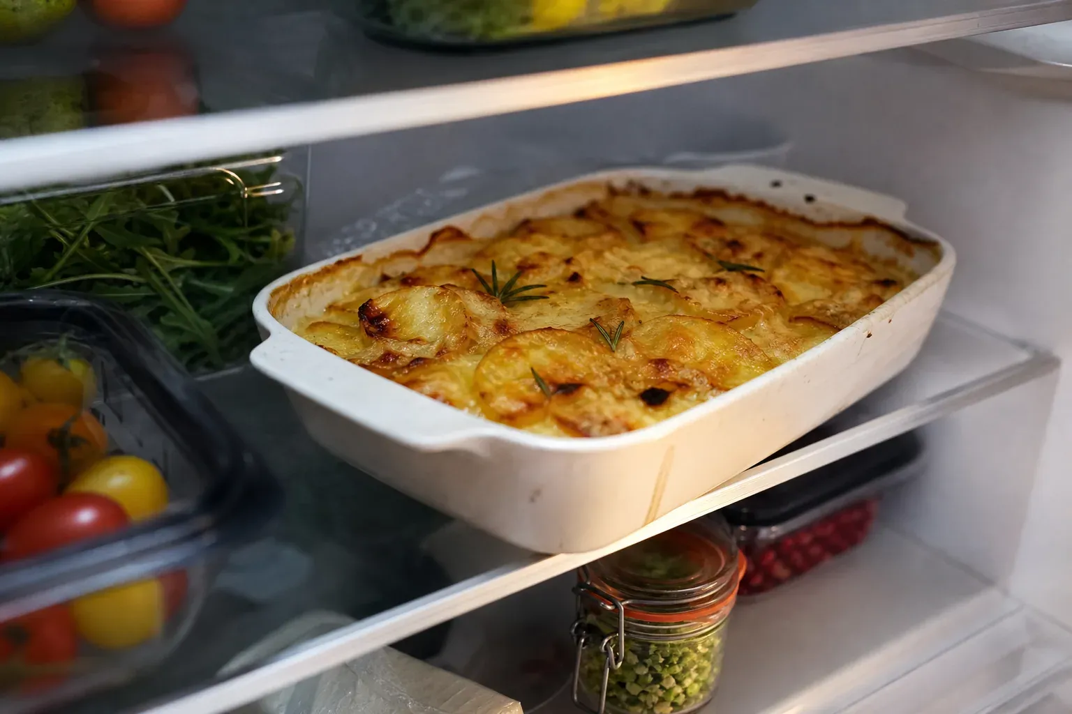 Un gratin dauphinois maison placé dans un plat en céramique et rangé au réfrigérateur pour être conservé.