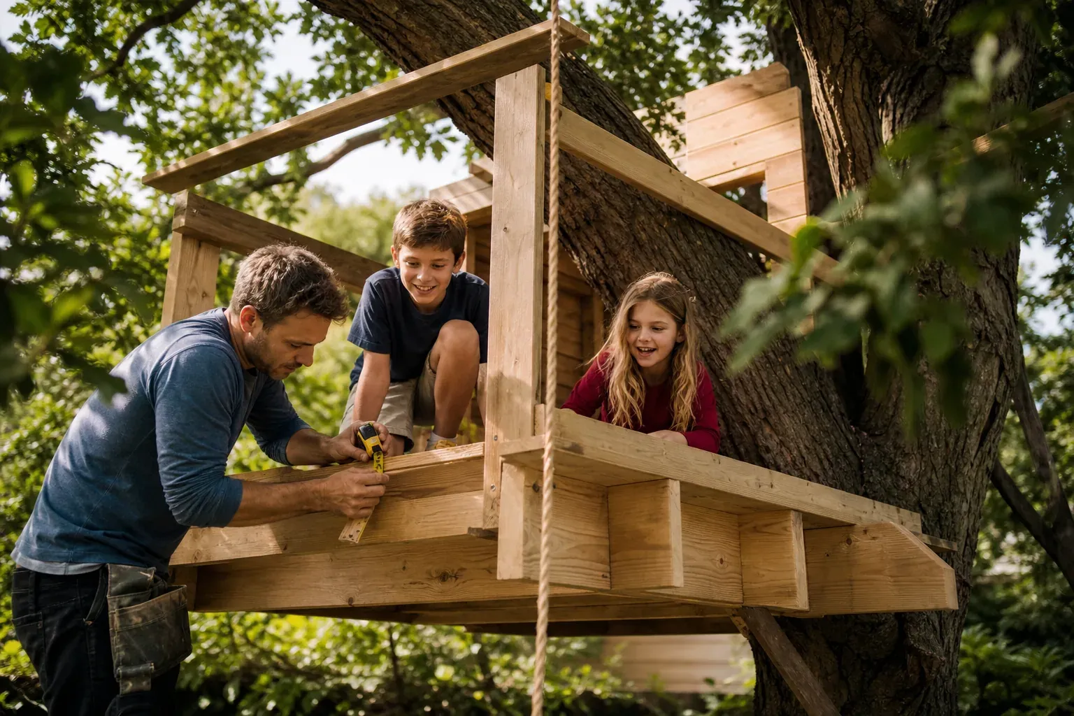 Cabane en bois pour enfants en cours de construction dans un grand arbre, avec garde-corps et parents en train de mesurer la plateforme.