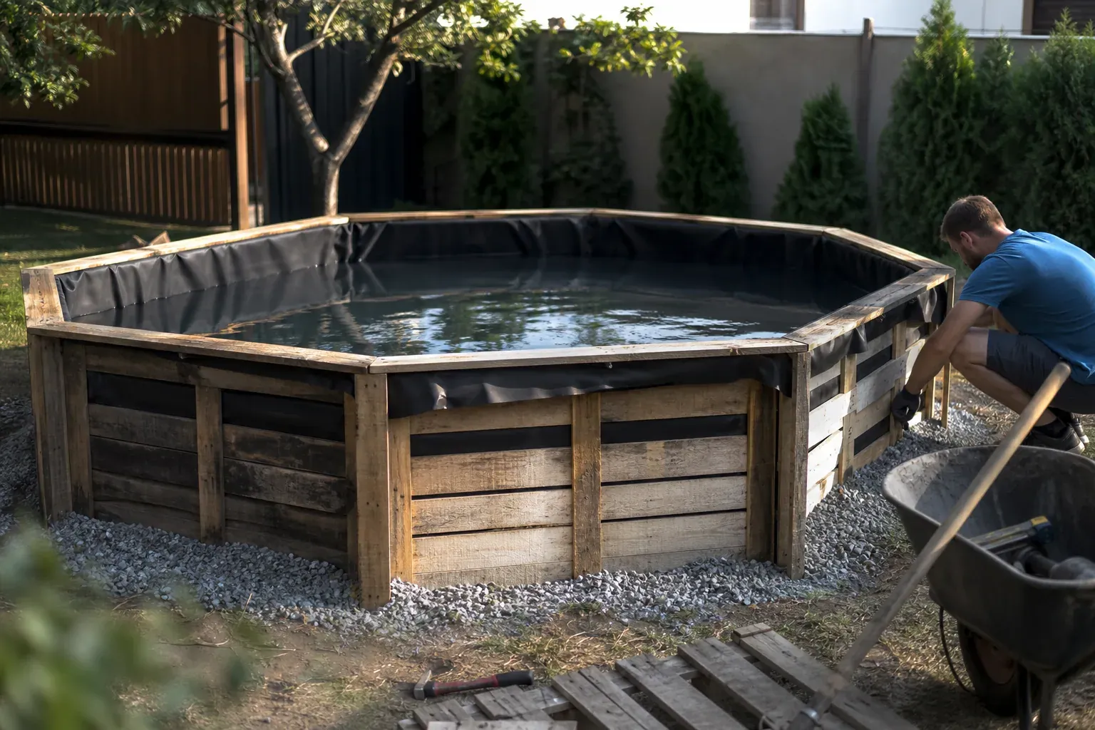 Piscine hors-sol construite avec des palettes en bois dans un jardin, avec bâche noire, outils et ambiance estivale.