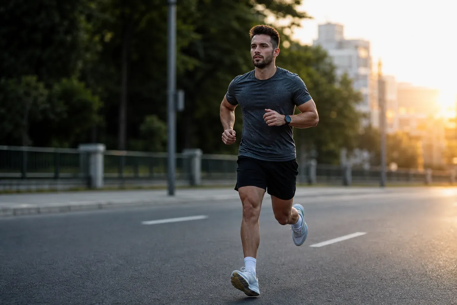 Un coureur en plein effort sur une route urbaine au lever du jour, avec une montre de sport et des chaussures de running.