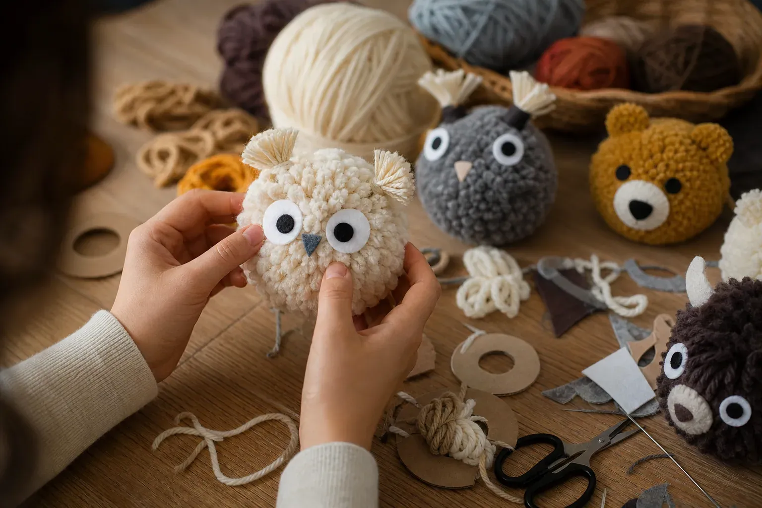 Gros plan sur des mains qui fabriquent un animal en pompons de laine XXL avec de la laine colorée, des gabarits en carton et des accessoires de déco.