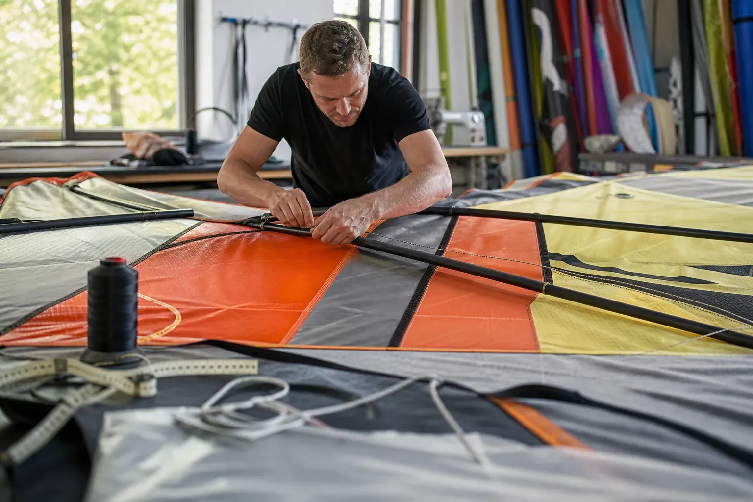 Un artisan assemble un grand cerf-volant coloré dans un atelier, avec toile, baguettes, outils et lignes posés sur la table.