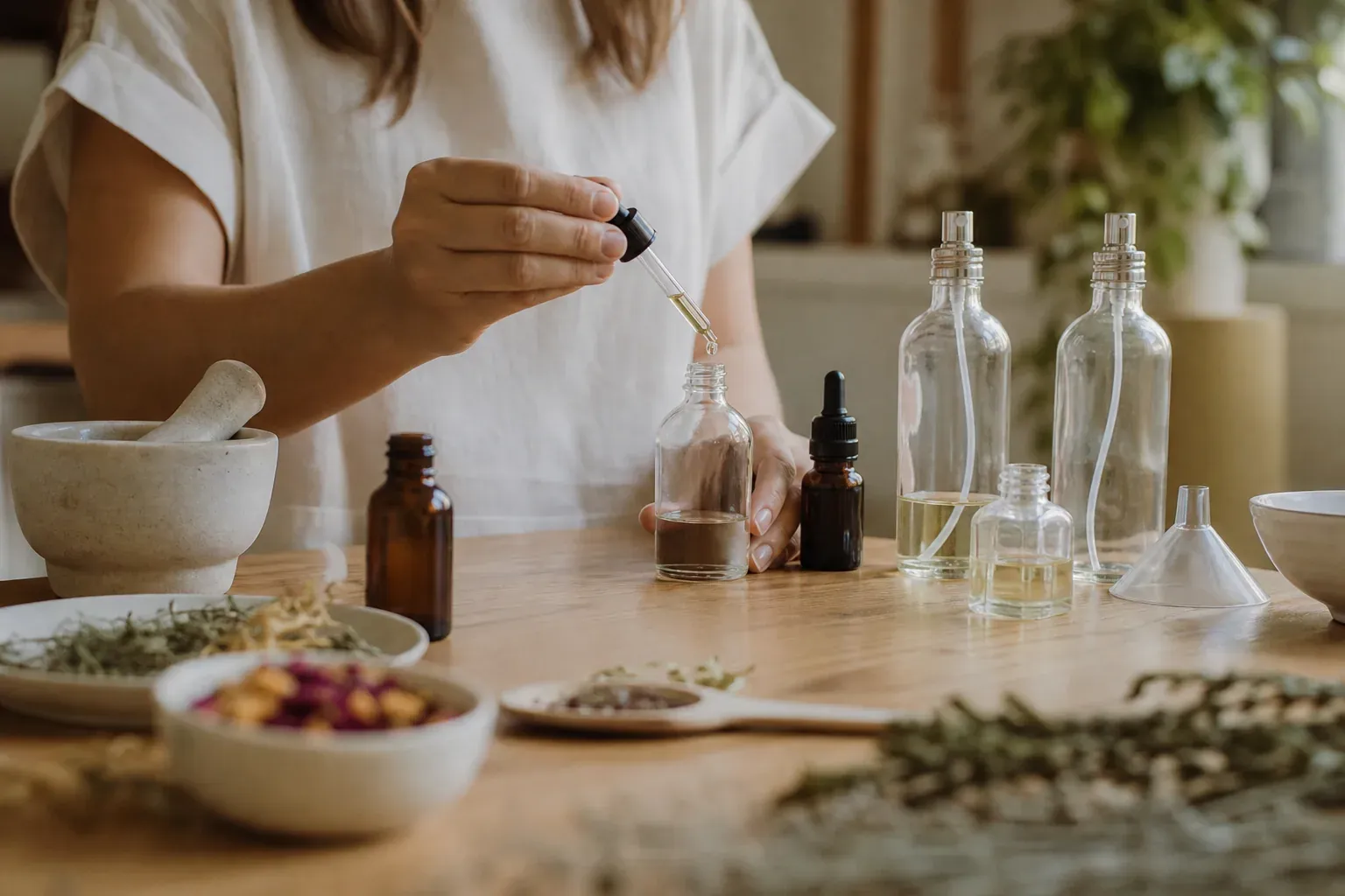 Une personne prépare un parfum d’ambiance maison avec des flacons en verre, des huiles essentielles et des accessoires de fabrication sur un plan de travail.