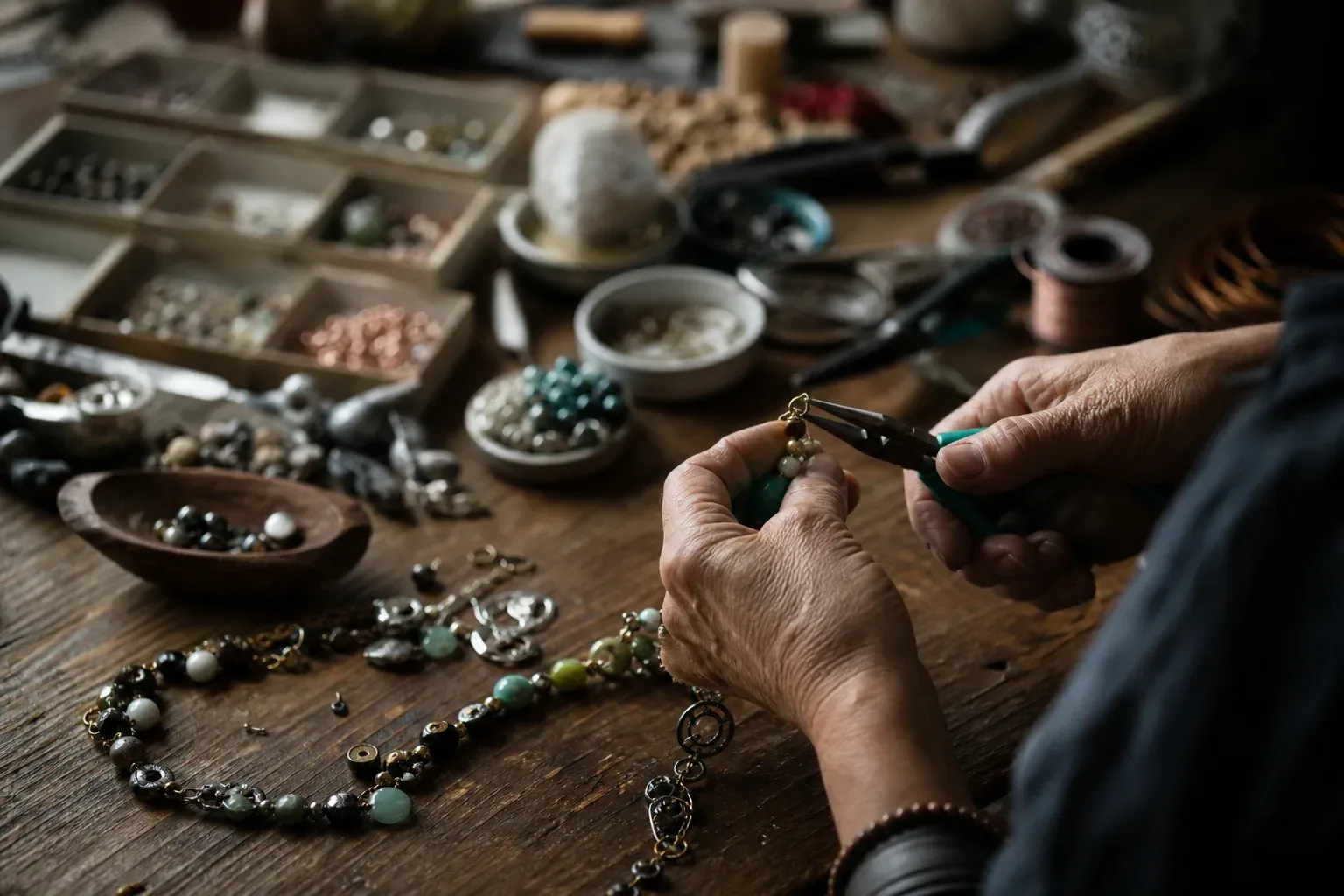 Photo réaliste d’un atelier de création de bijoux avec des mains assemblant un collier, des outils et des perles sur une table de travail.