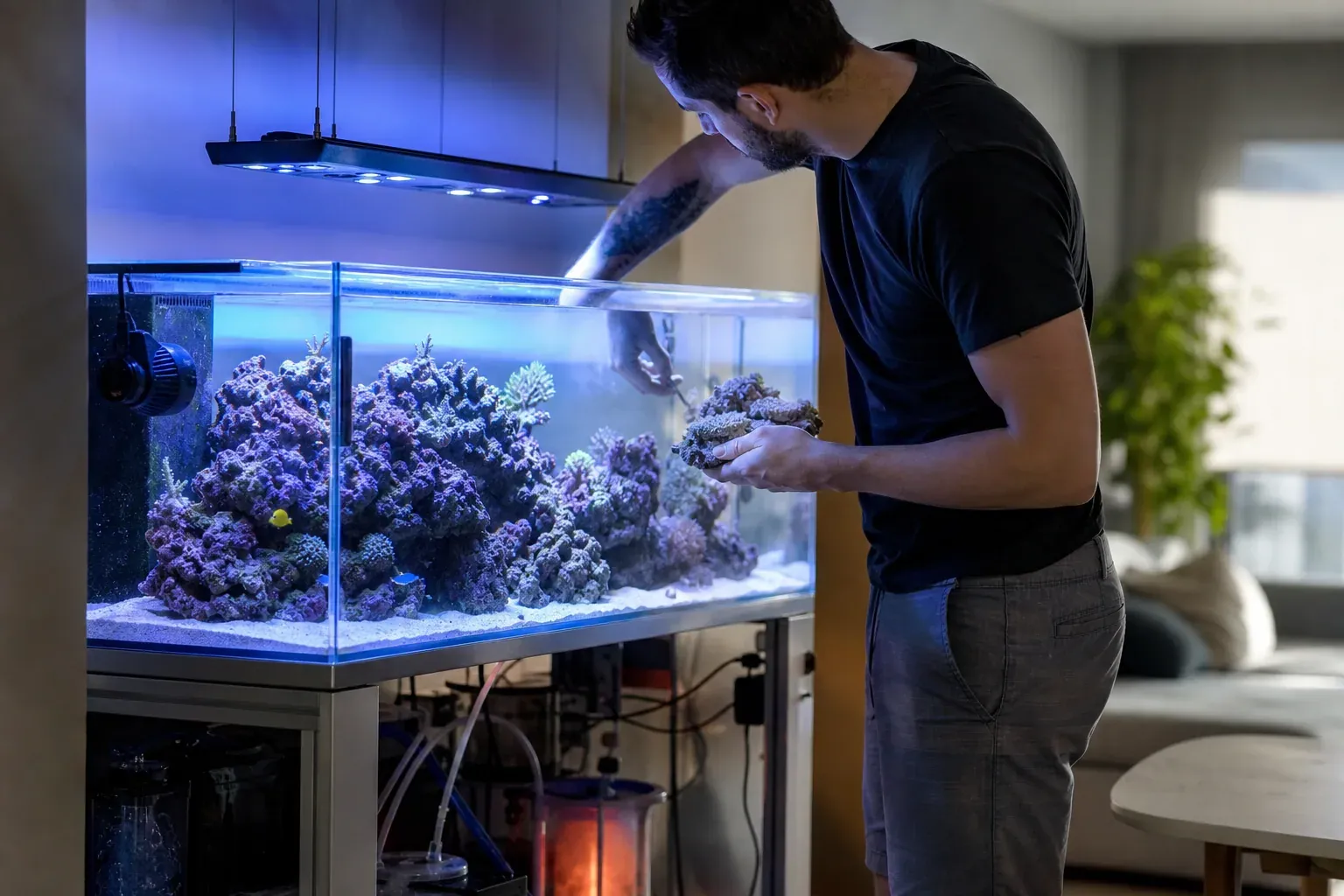 Photo réaliste d’un aquarium marin domestique en cours de maintenance, avec roches vivantes, éclairage bleu et matériel visible sous le bac.
