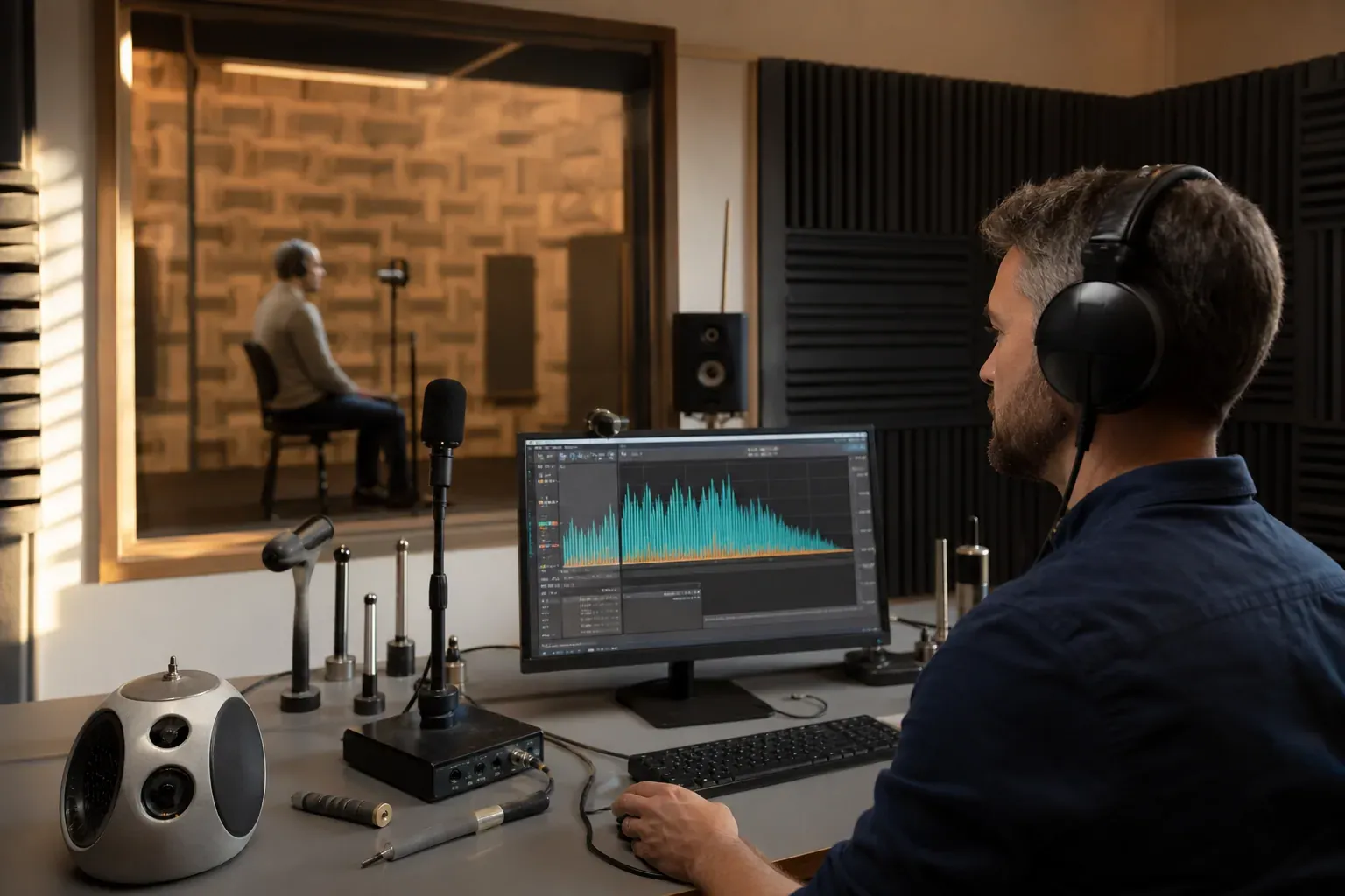Photo réaliste d’un laboratoire de psychoacoustique avec cabine d’écoute, ordinateur de mesure, casque audio et matériel de calibration.