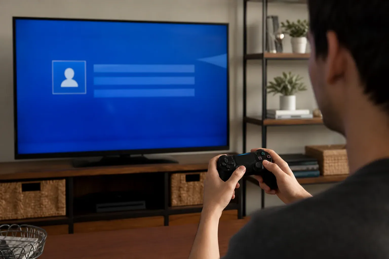 Une personne utilise une manette PS4 devant un téléviseur pour créer son compte PlayStation Network dans un salon moderne.