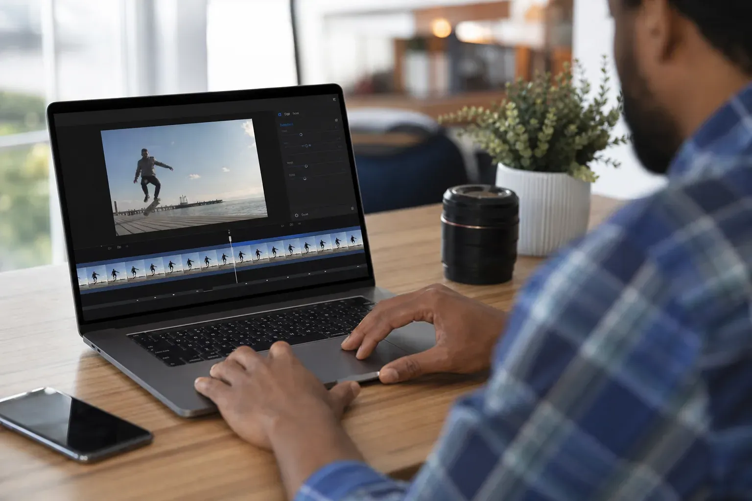 Personne en train de transformer une vidéo en GIF sur un ordinateur portable dans un espace de travail moderne, avec une timeline de montage visible.