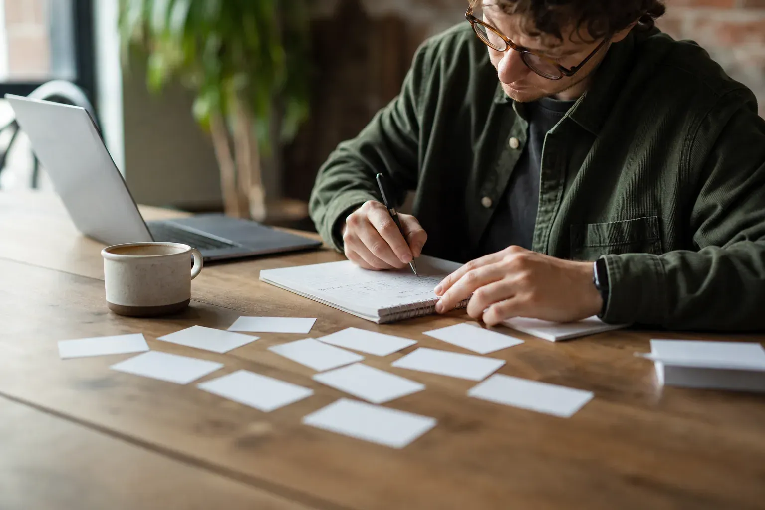 Photo réaliste d’une personne écrivant des idées de jeux de mots dans un carnet, avec plusieurs prénoms sur des cartes, sur un bureau lumineux.