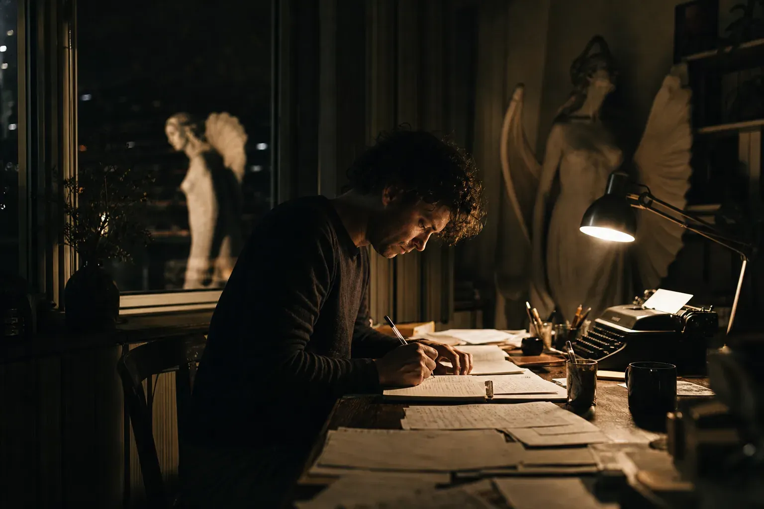 Un écrivain assis à un bureau la nuit, entouré de feuilles manuscrites, avec une lumière chaude et une ambiance onirique très réaliste.