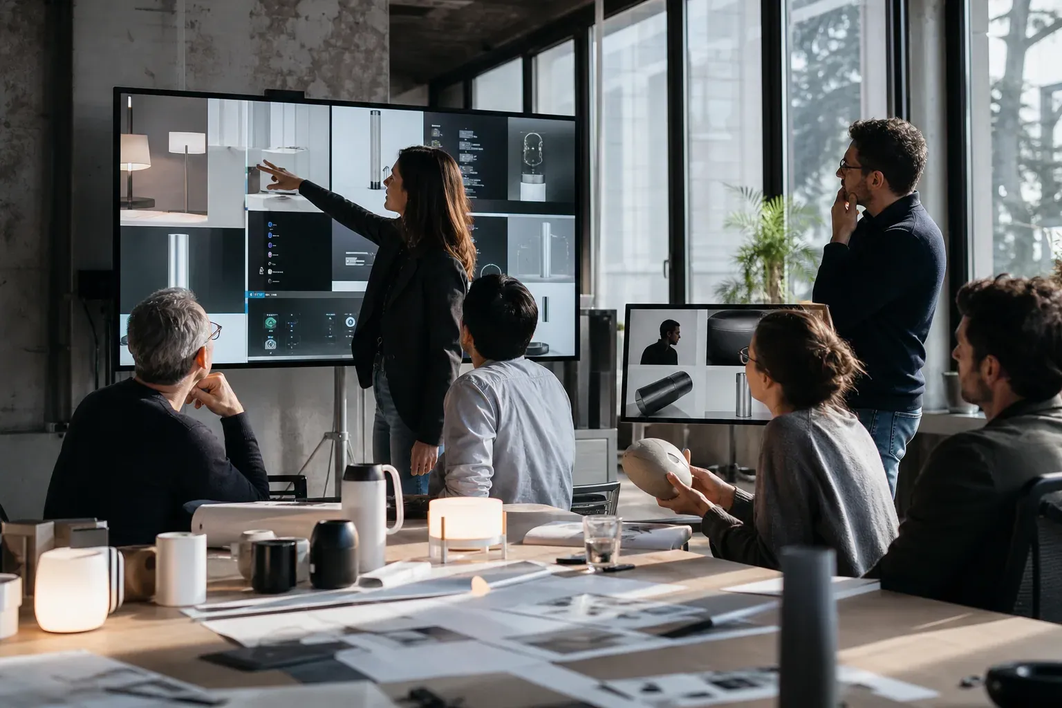 Une équipe de designers examine des prototypes, des données d’usage et des maquettes dans un studio moderne et lumineux.