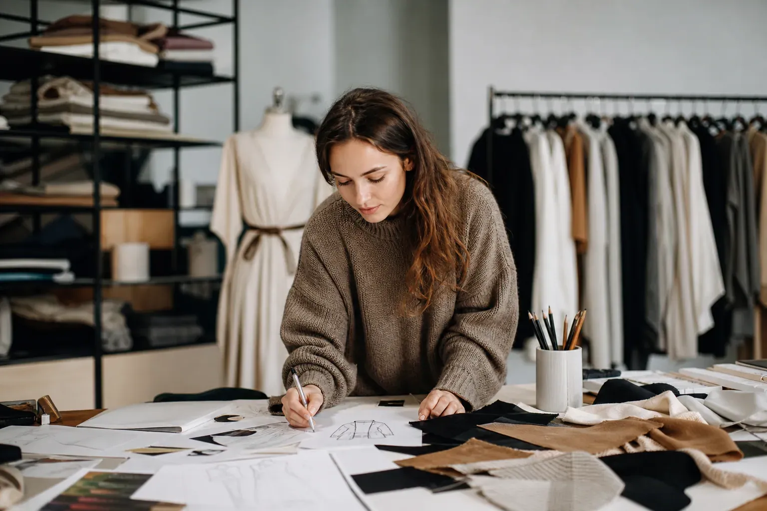 Créatrice de mode dans un atelier, entourée d’échantillons de tissus, de croquis et de prototypes de vêtements.
