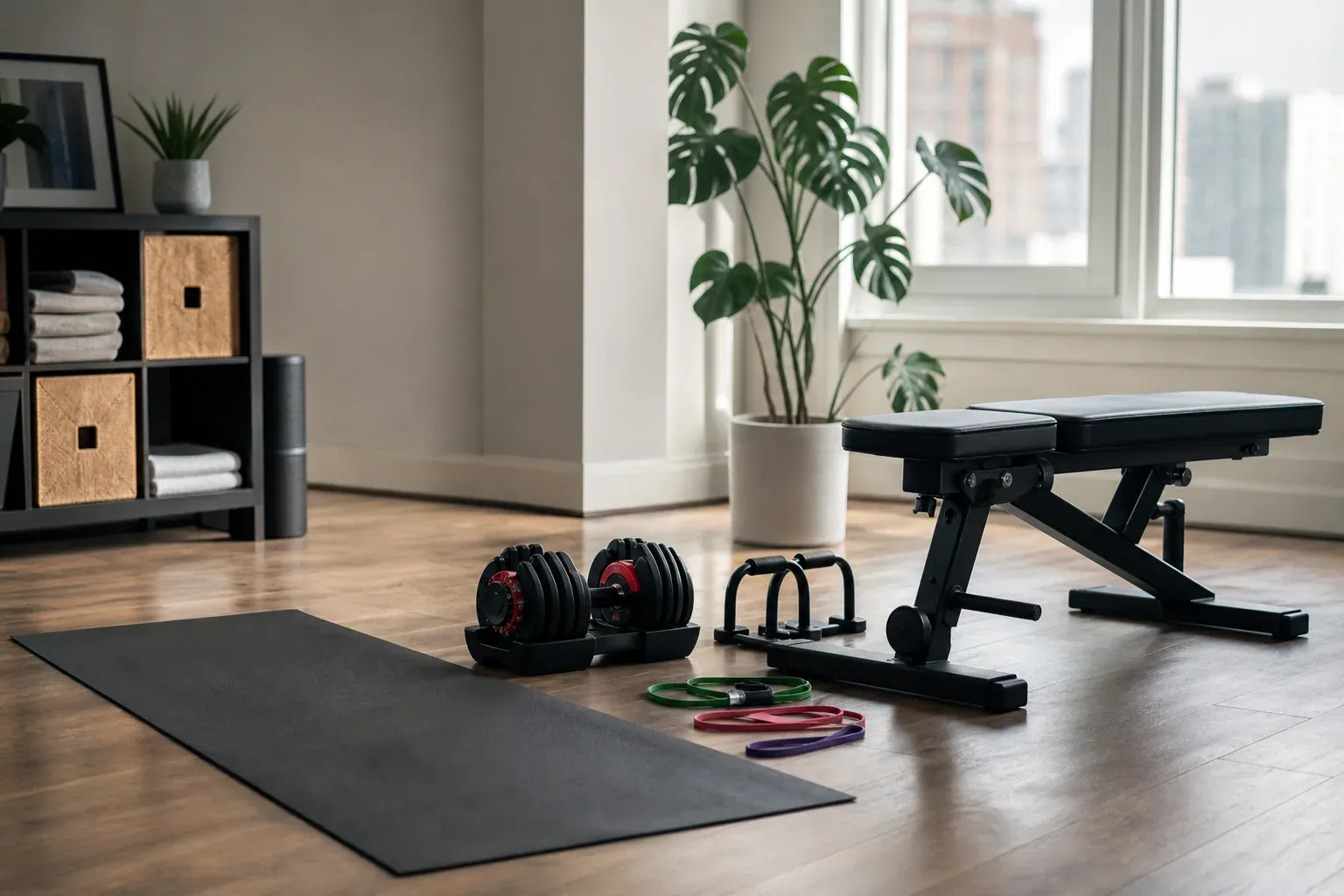 Salle de sport à domicile lumineuse et bien rangée, avec tapis, haltères réglables, élastiques et petit banc près d’une fenêtre