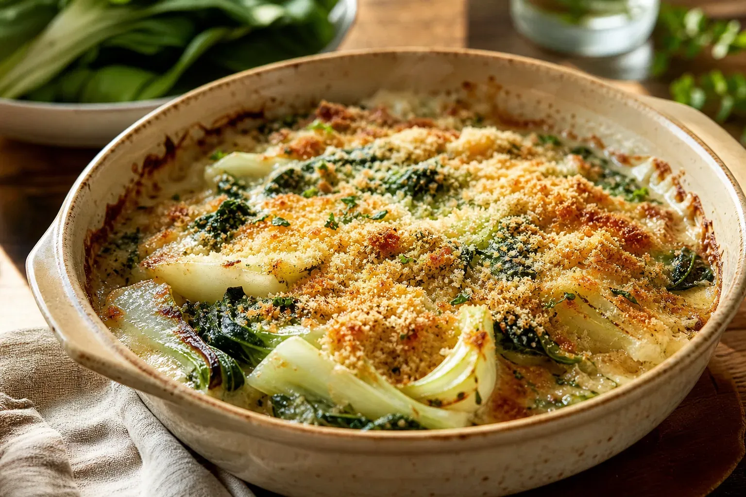 Un gratin de pak choi bien doré dans un plat en céramique, avec une croûte croustillante et une sauce crémeuse visible.