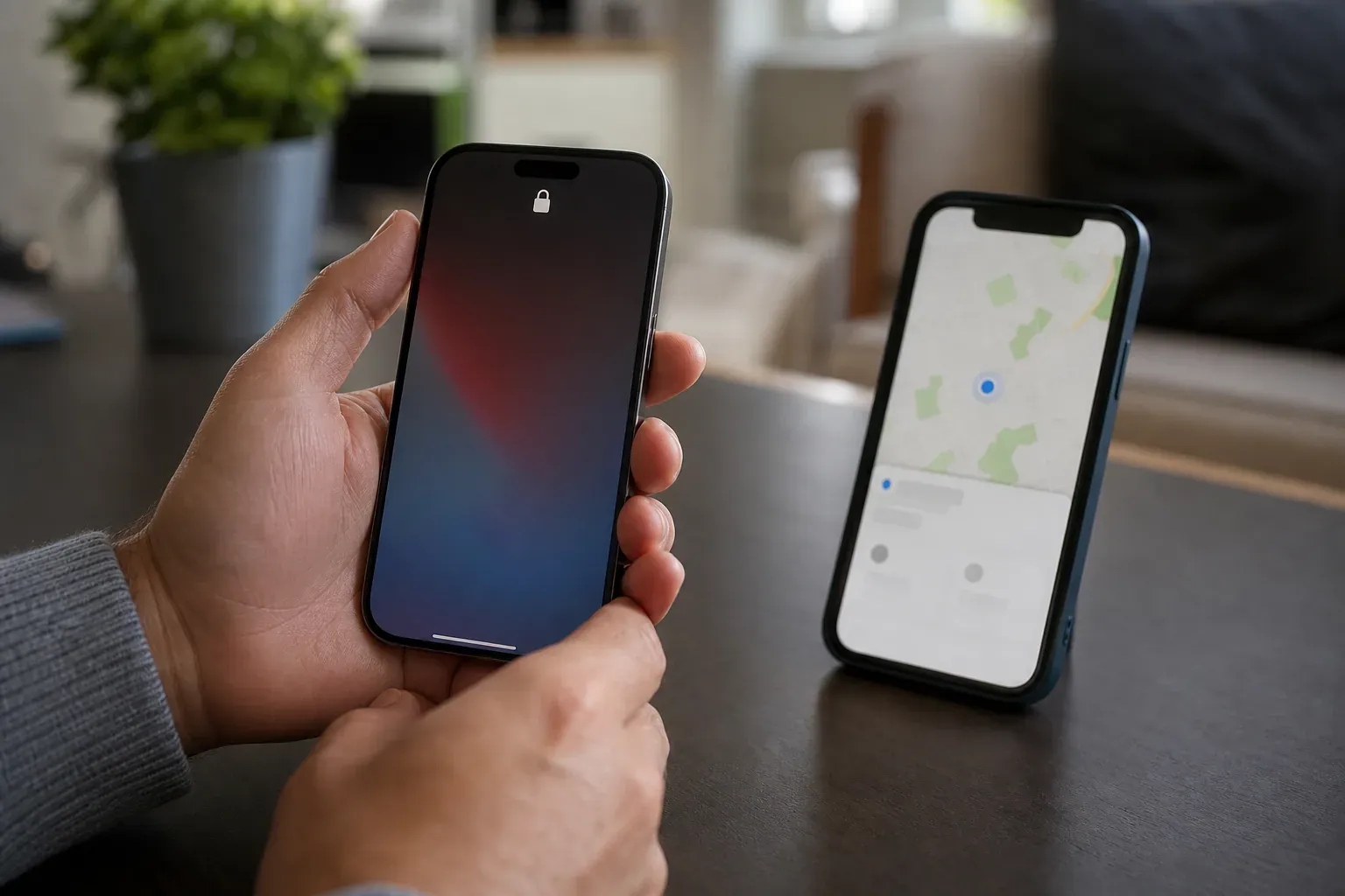Photo réaliste d’un iPhone verrouillé posé sur une table, avec un autre smartphone affichant iCloud Localiser, en lumière naturelle.