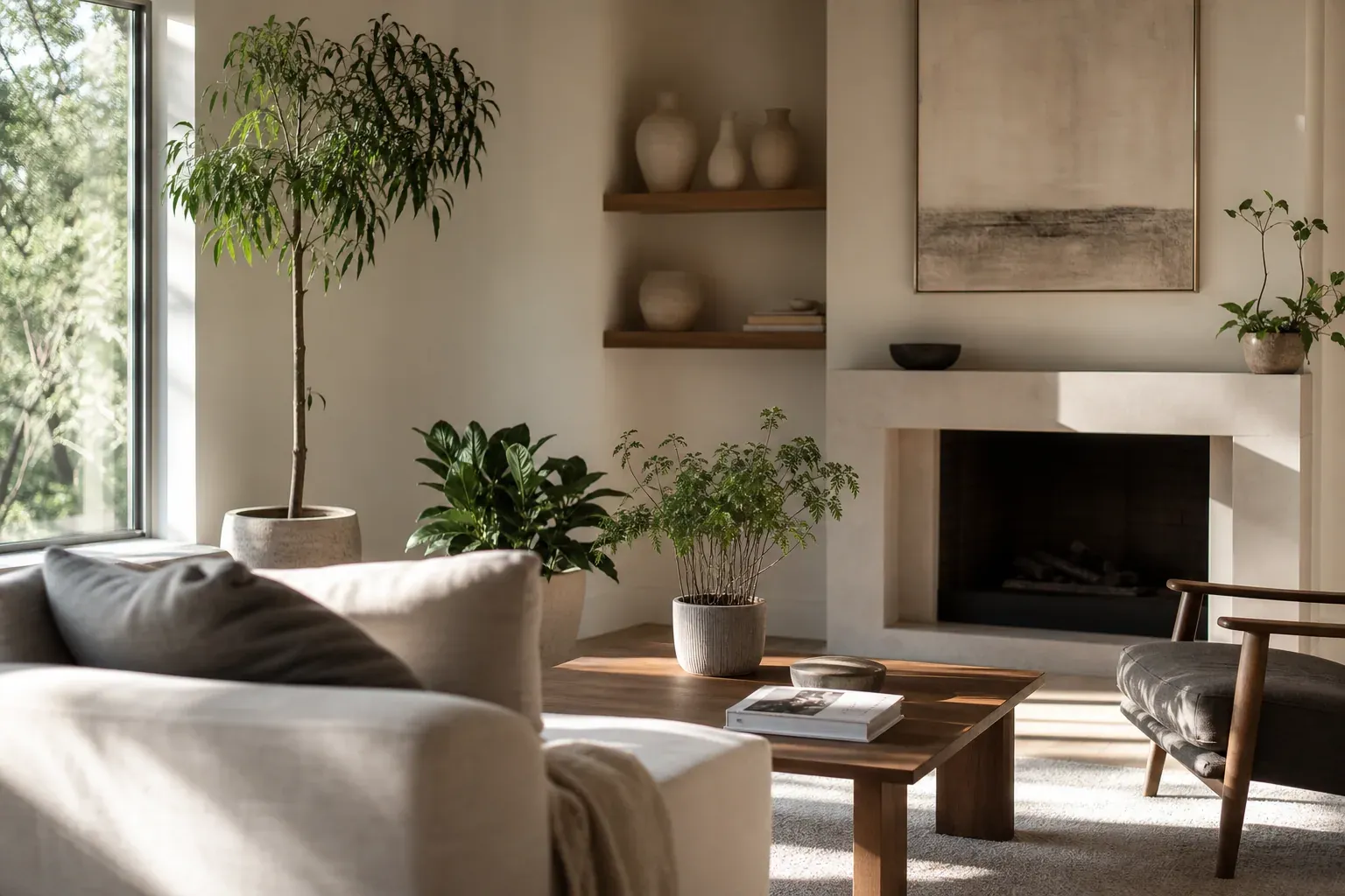 Salon lumineux décoré avec plusieurs plantes d’intérieur de tailles variées dans des pots en céramique, près d’une grande fenêtre.