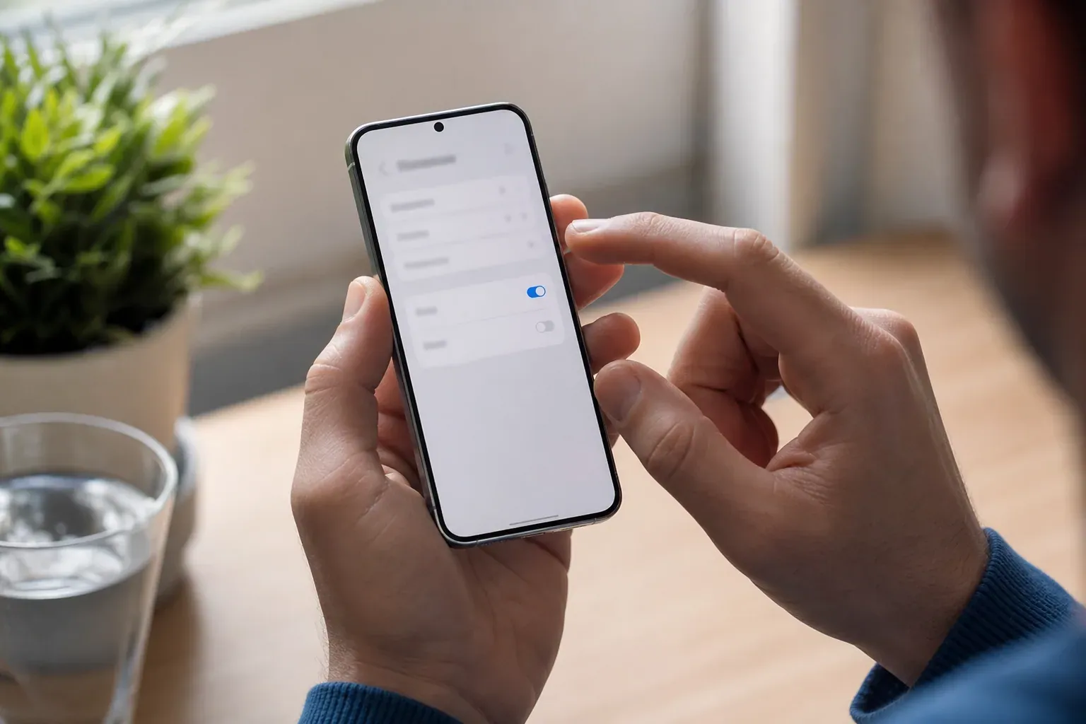 Gros plan réaliste d’une main désactivant les appels 4G dans les réglages d’un smartphone.