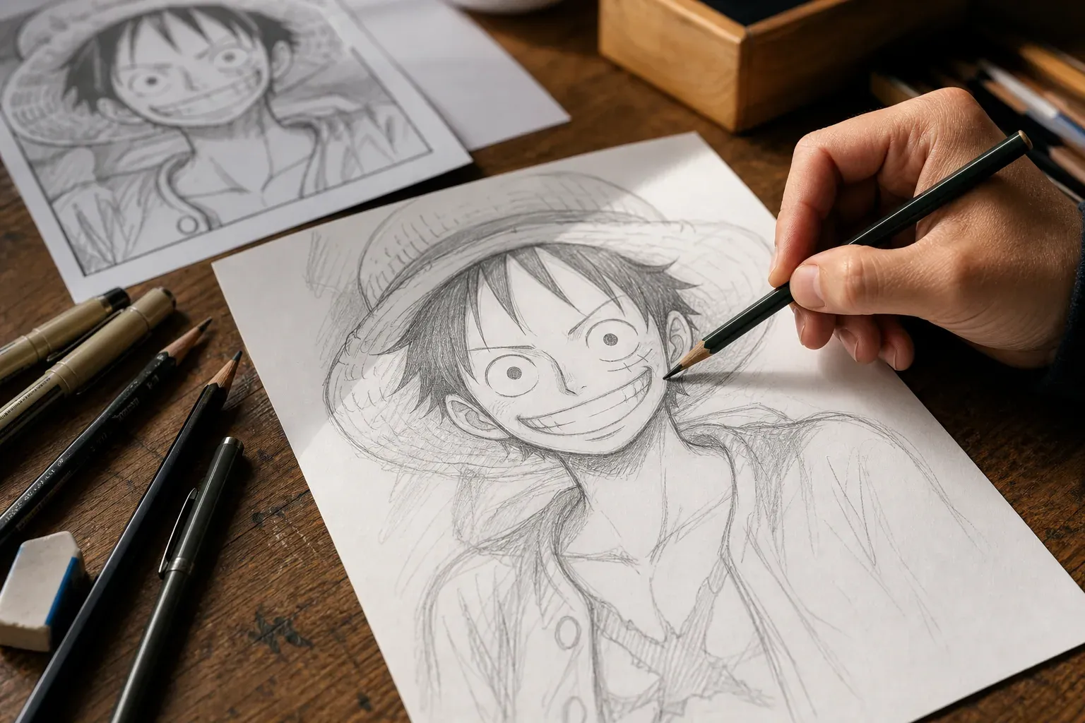 Une main dessine Luffy au crayon sur une feuille, avec des crayons, une gomme et des feutres posés sur un bureau.