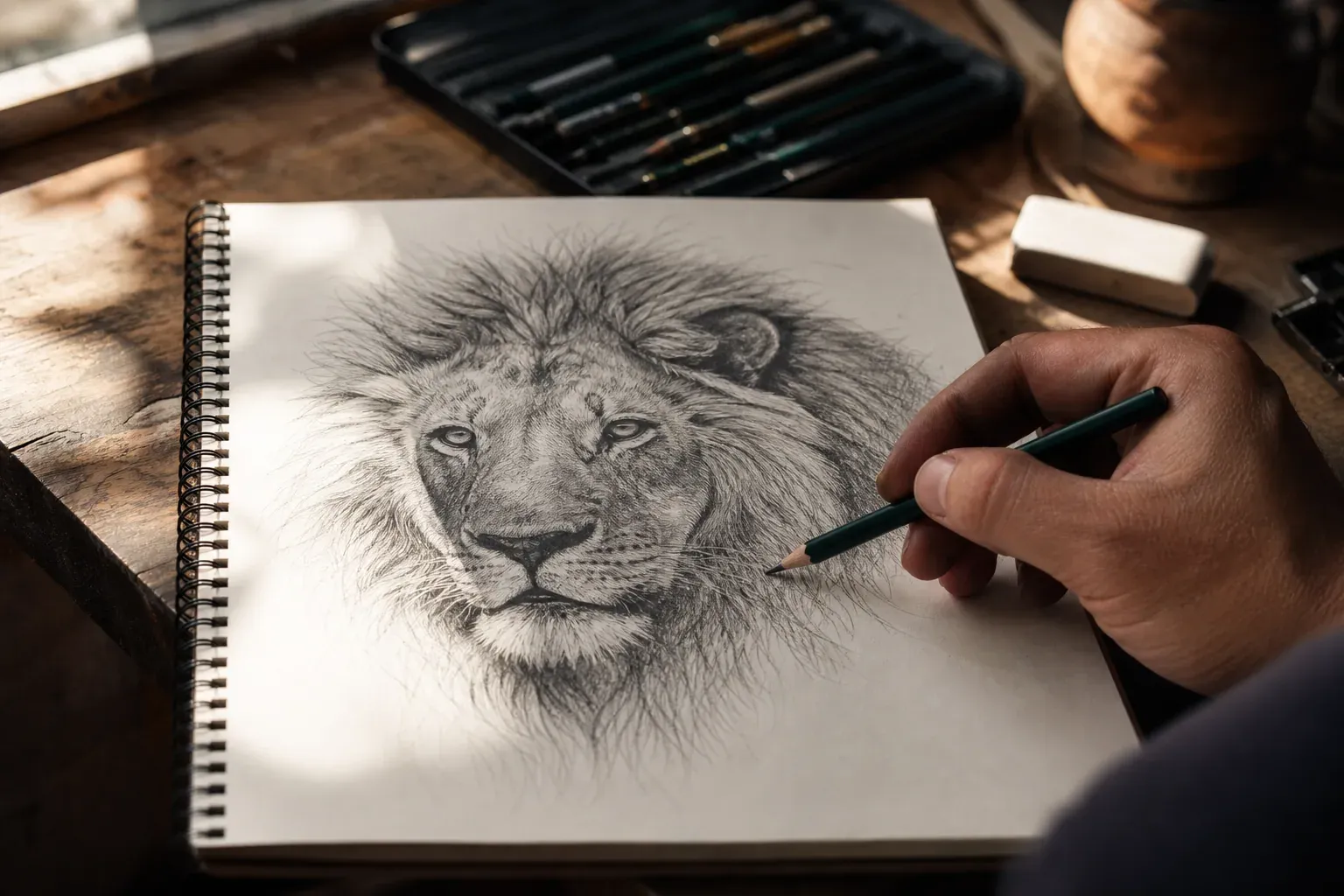 Main en train d’ombres un lion réaliste au crayon sur un carnet de dessin, avec crayons graphite et gomme sur une table éclairée naturellement.
