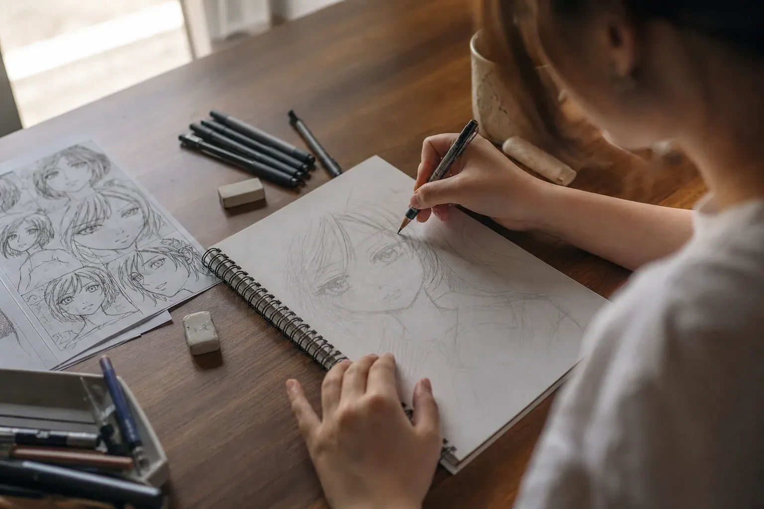 Une main dessine un personnage de manga sur un carnet, avec un crayon, une gomme et des feutres posés sur un bureau.