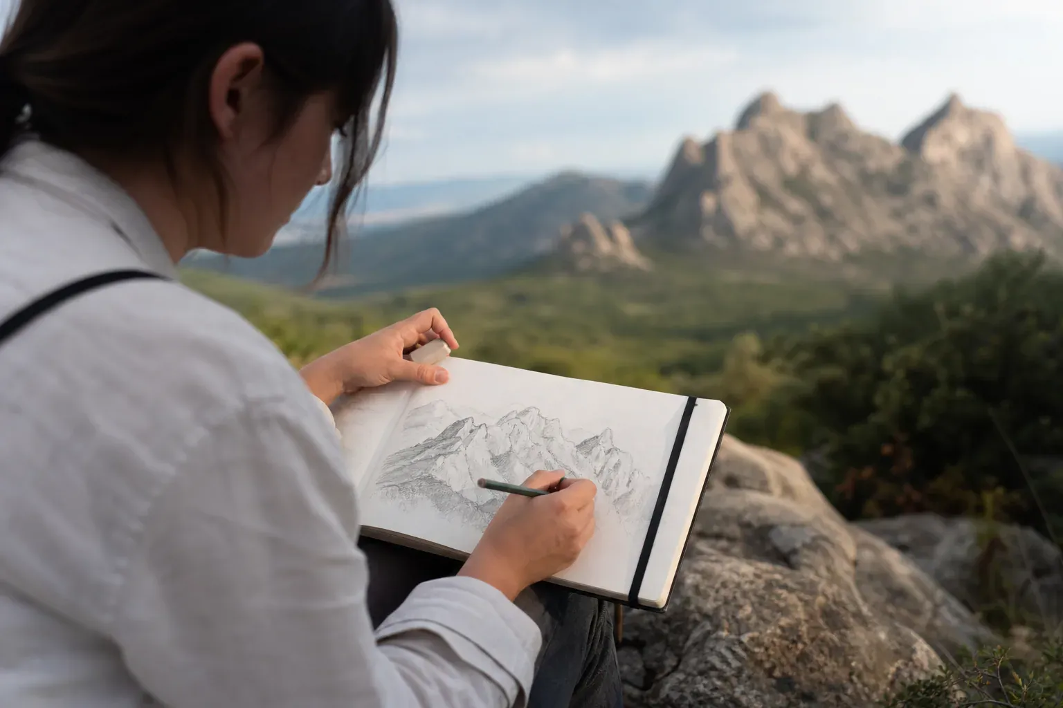 Un artiste dessine un paysage dans un carnet en plein air, avec des arbres, des collines et une lumière naturelle douce.