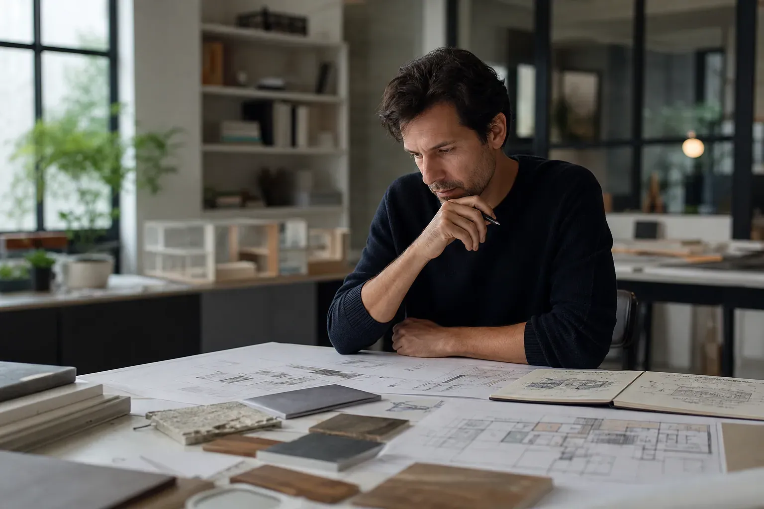 Un architecte dans un atelier moderne examine des plans, des échantillons de matériaux et des notes sur les usages humains et les codes culturels.