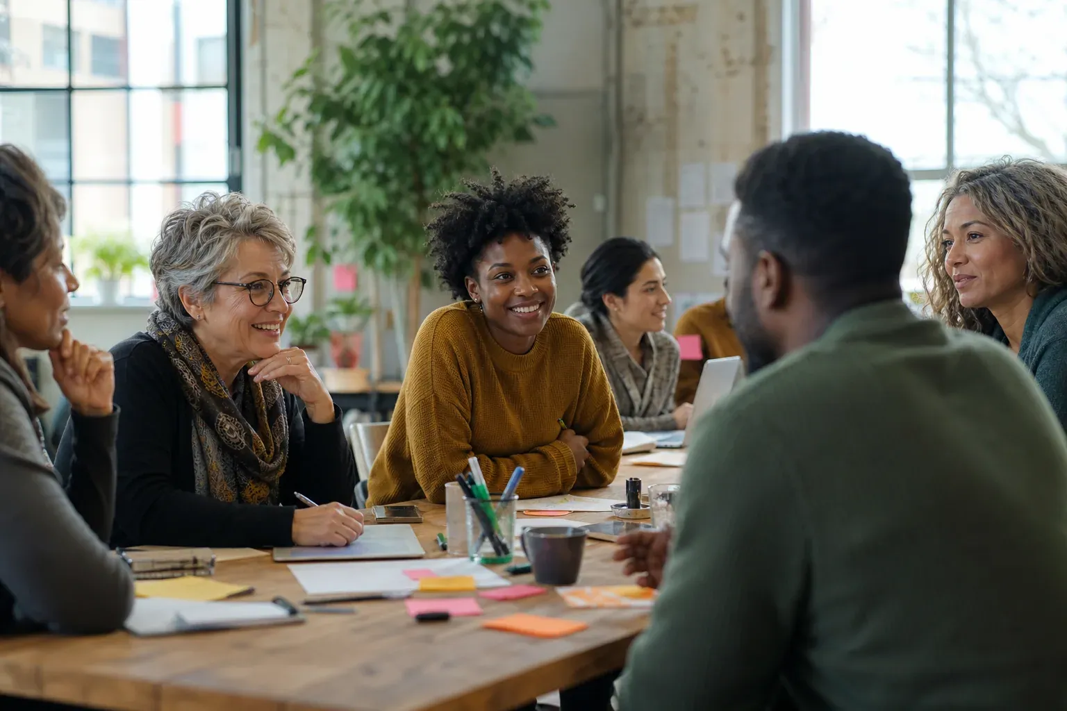 Une équipe diverse travaille autour d’une table sur un projet d’innovation sociale dans un espace lumineux, avec des notes, des documents et une ambiance de co-construction.