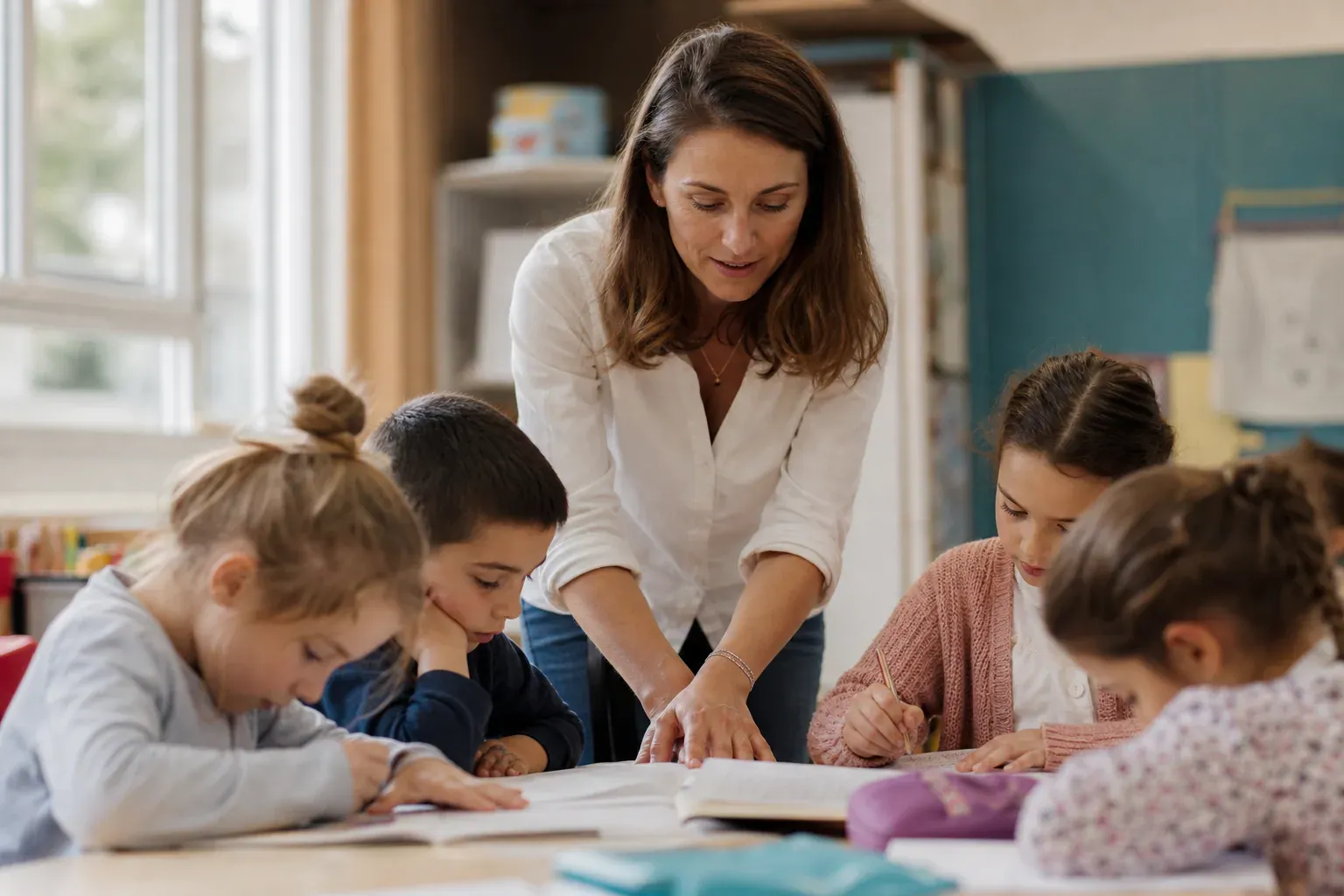 Une professeure des écoles aidant des élèves de primaire dans une salle de classe lumineuse.