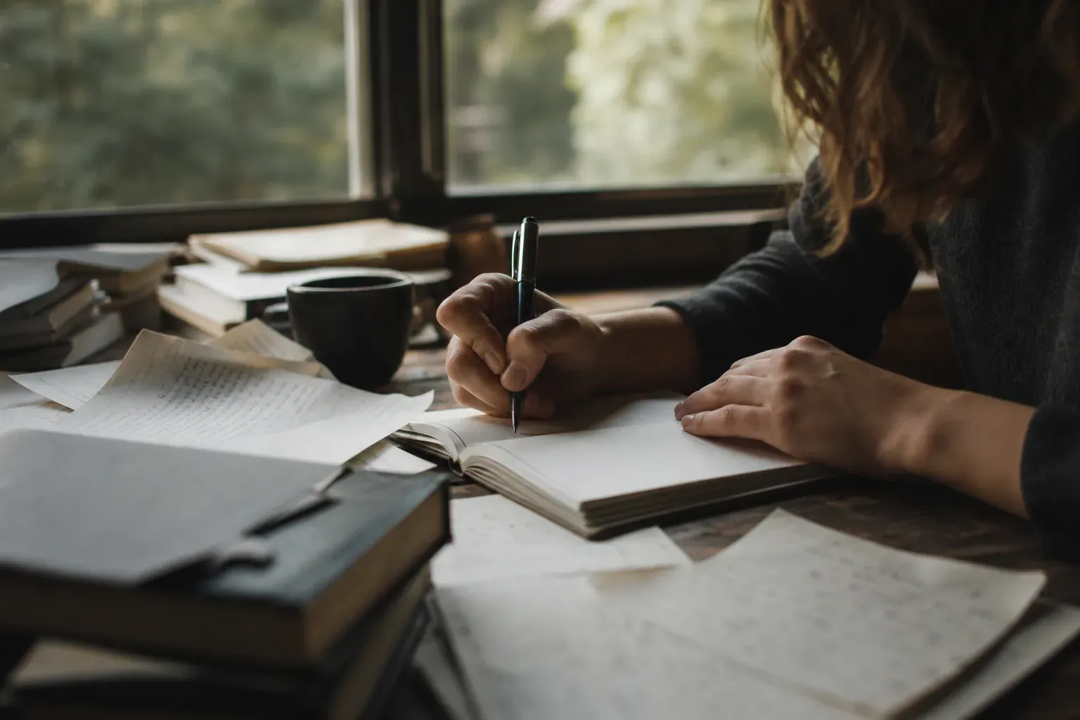 Une personne écrit un poème dans un carnet, assise près d’une fenêtre, avec des livres et des feuillets éparpillés sur un bureau en bois.