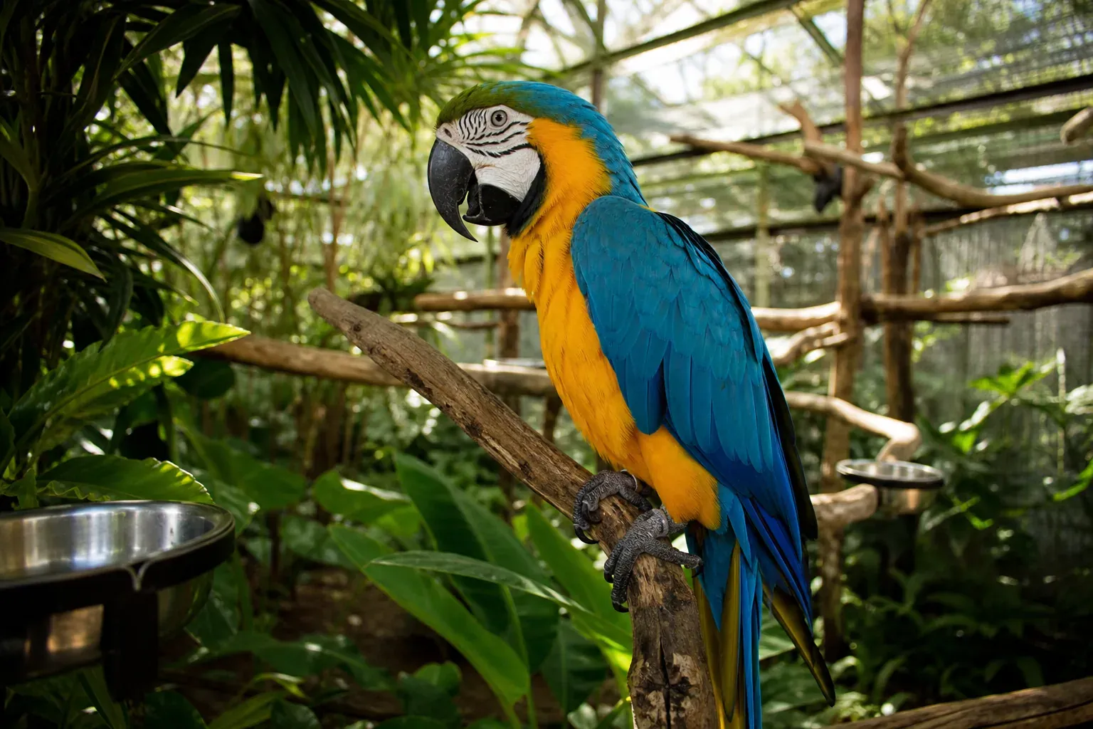 Un ara bleu et or perché dans une grande volière tropicale lumineuse avec des plantes luxuriantes et un grillage solide.