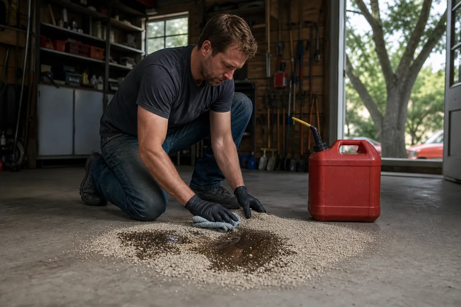 Une personne nettoie une petite tache d’essence dans un garage ventilé avec du matériel absorbant.