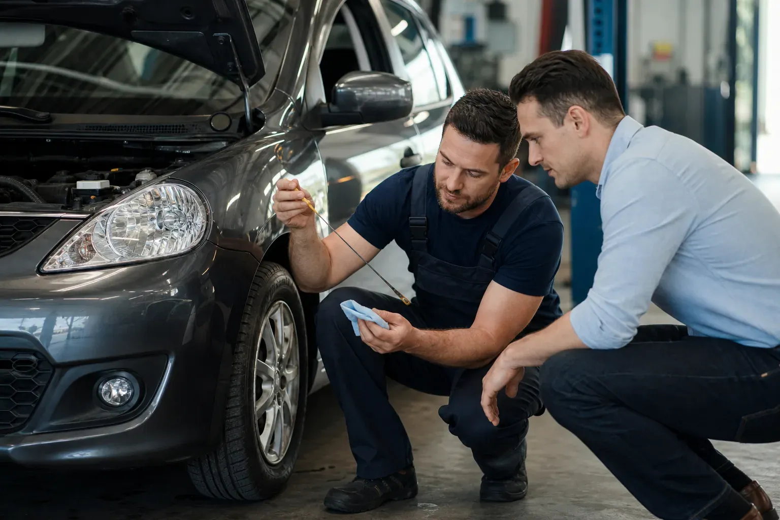 Un mécanicien et un propriétaire inspectent une voiture d’occasion dans un atelier, capot ouvert et contrôle visuel des éléments d’entretien.