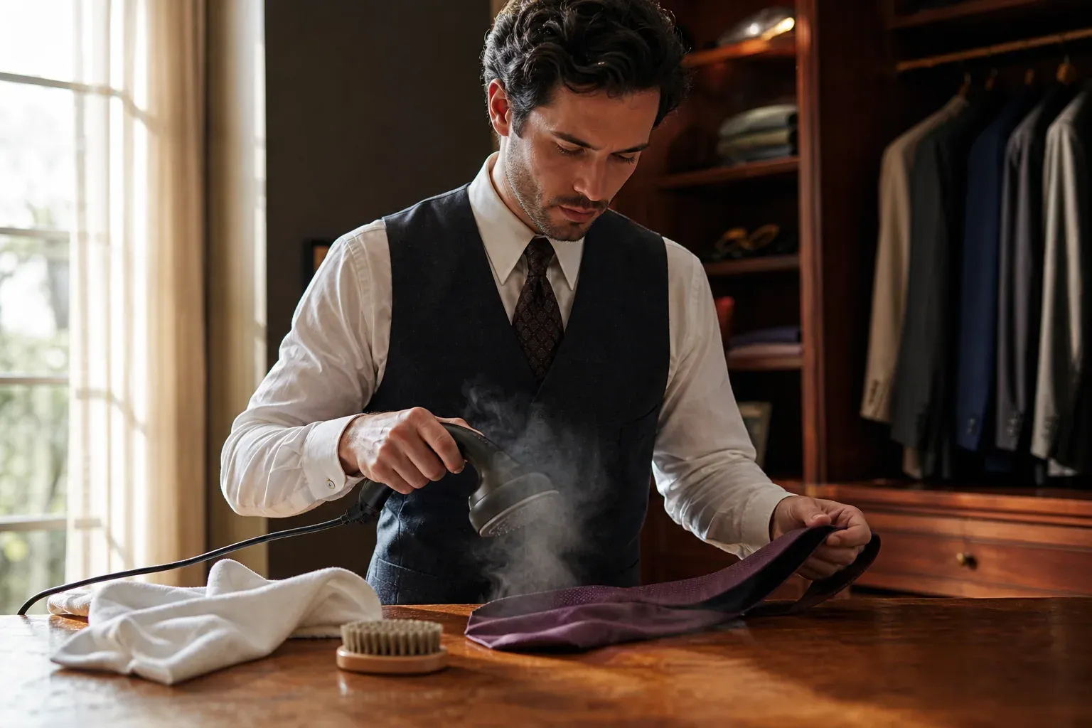 Un homme entretient soigneusement une cravate sur une table, avec un défroisseur et une brosse douce, dans une ambiance réaliste de dressing.