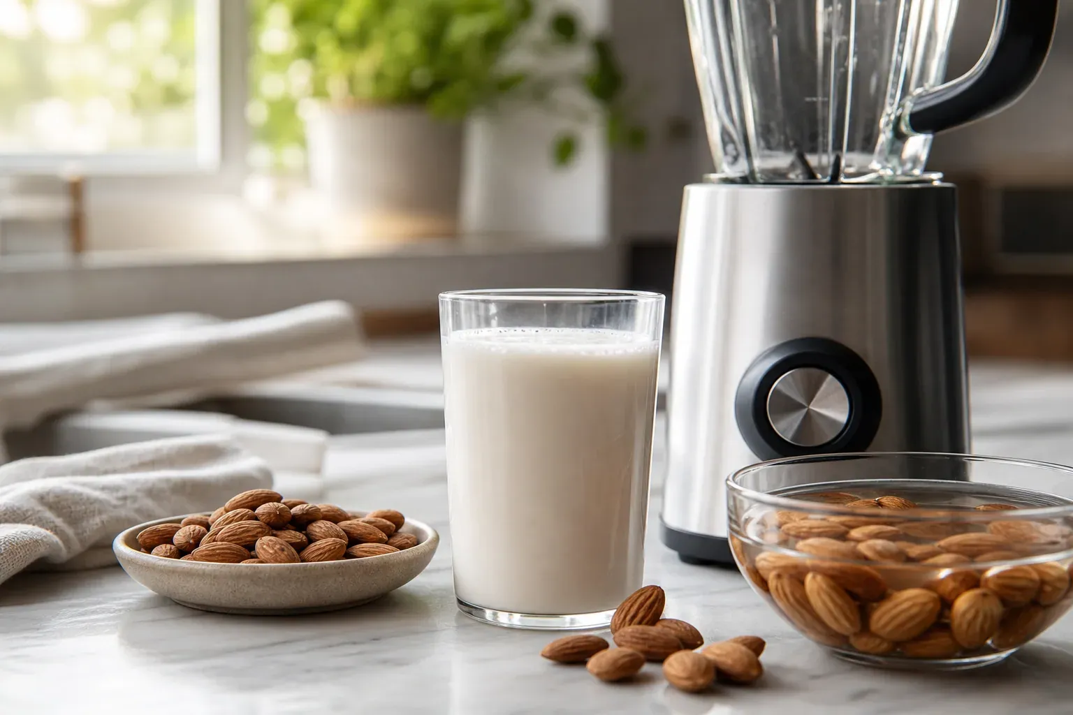 Verre de lait d’amande sur un plan de travail, avec amandes entières, amandes trempées et blender dans une cuisine lumineuse.