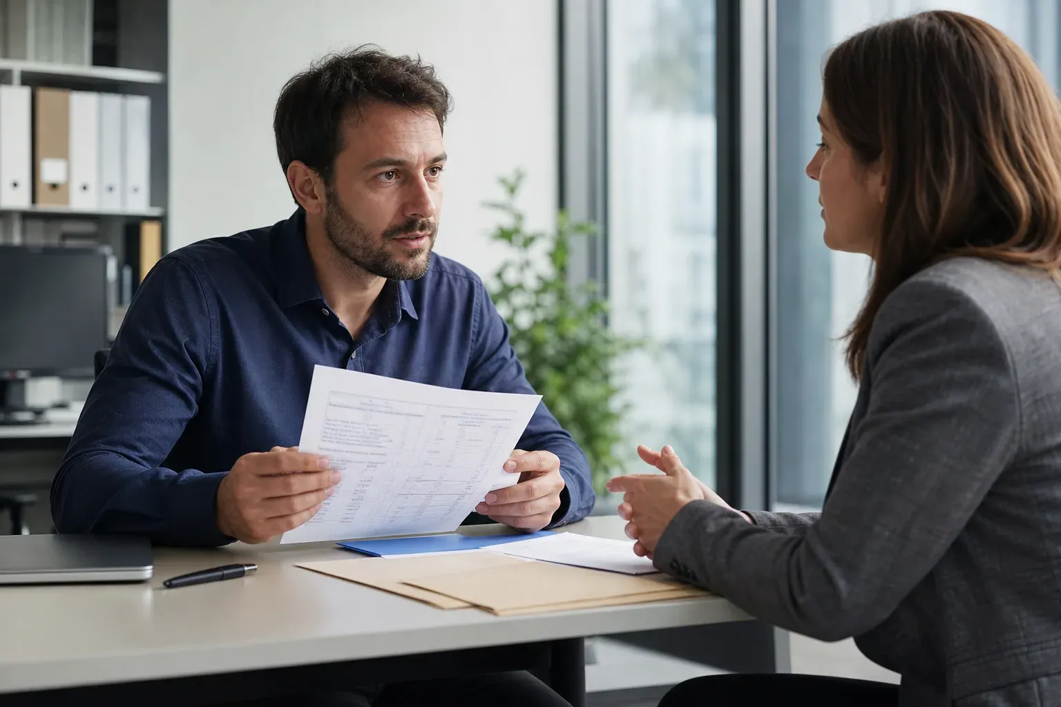 Un salarié en reprise d’activité discute d’un bulletin de paie et d’un document médical avec une responsable RH dans un bureau moderne.