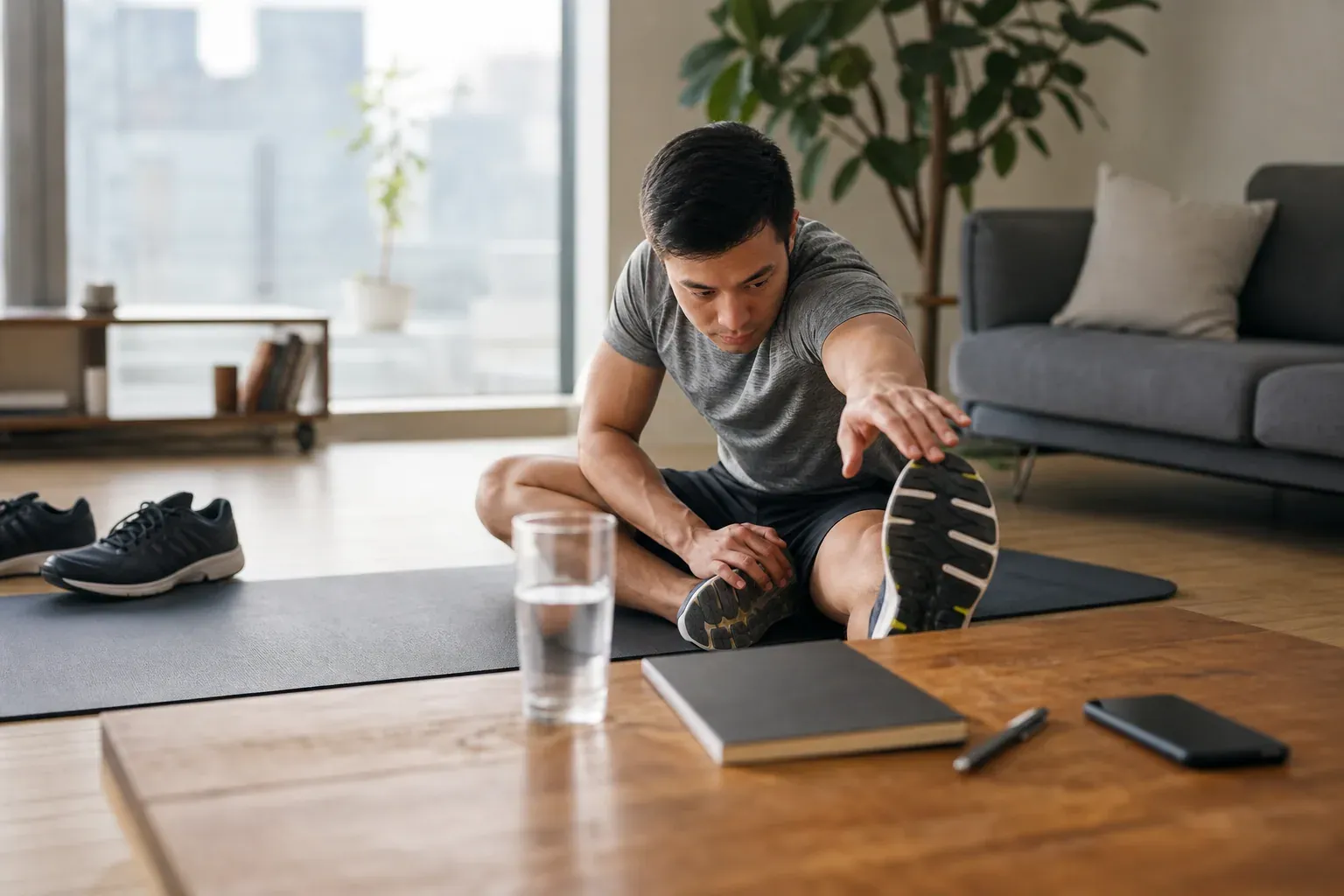 Personne en tenue de sport légère, en train de s’étirer dans un salon lumineux, avec un verre d’eau, un tapis de yoga et un carnet à proximité.
