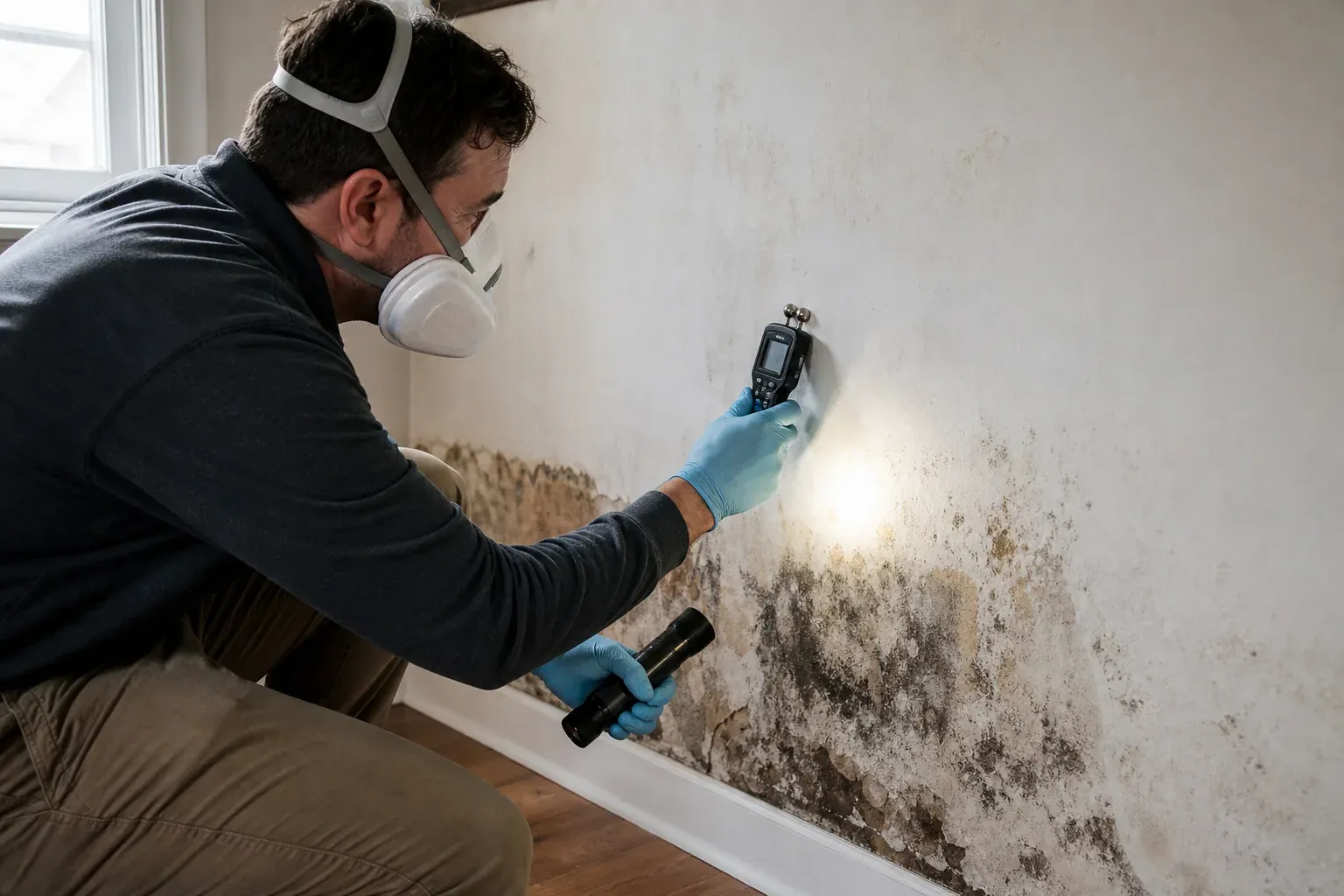 Un professionnel inspecte un mur humide taché de moisissure avec un humidimètre dans un intérieur réel.