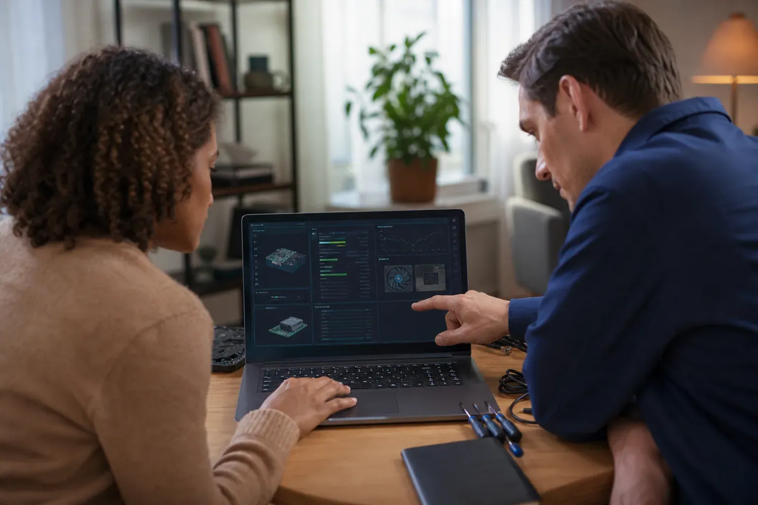 Un ordinateur portable ouvert sur un bureau avec des outils de diagnostic affichés à l'écran, dans un contexte de maintenance informatique.