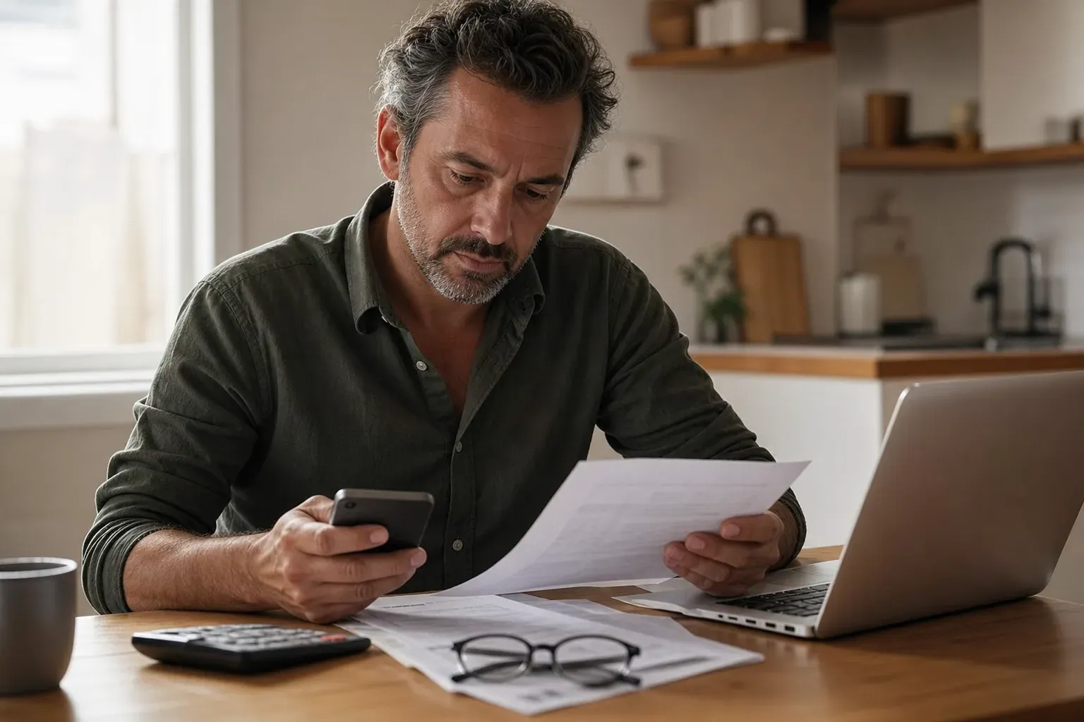 Personne comparant des contrats d’assurance santé avec des documents, un smartphone et une calculatrice sur une table.