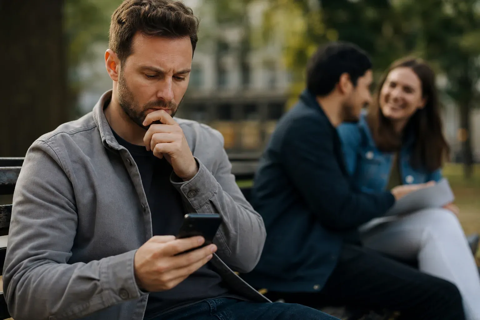 Une personne assise sur un banc regarde son téléphone avec une expression préoccupée, sur fond de scène urbaine floue et lumineuse.