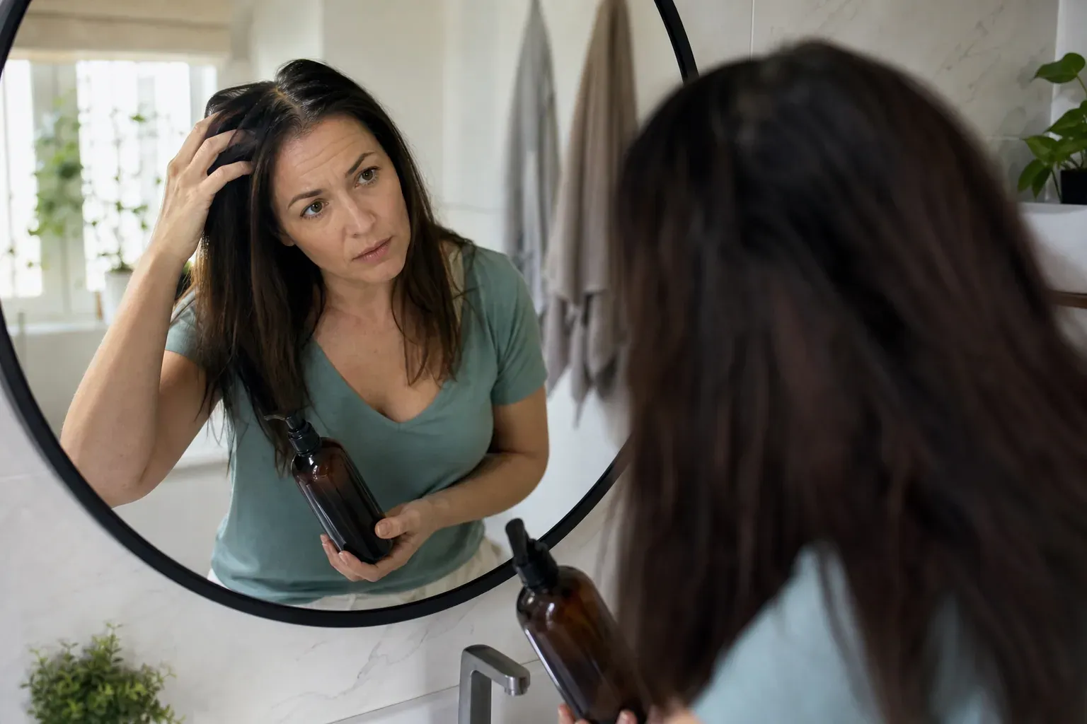 Femme d’une quarantaine d’années observant ses racines grasses devant le miroir, dans une salle de bain lumineuse, avec un shampooing à la main.