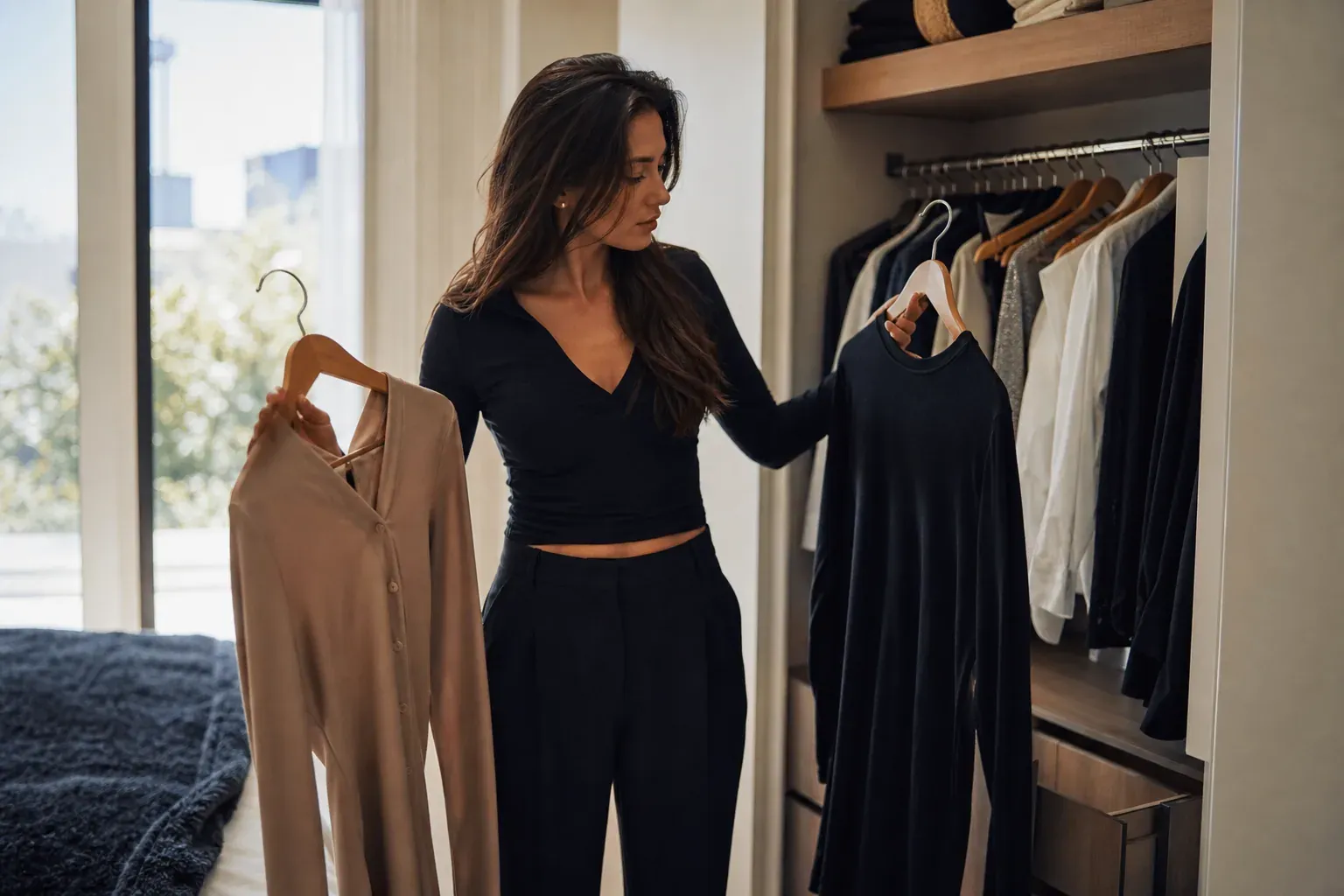 Une personne hésite devant une armoire ouverte, avec deux tenues en main, dans une chambre lumineuse au style épuré.