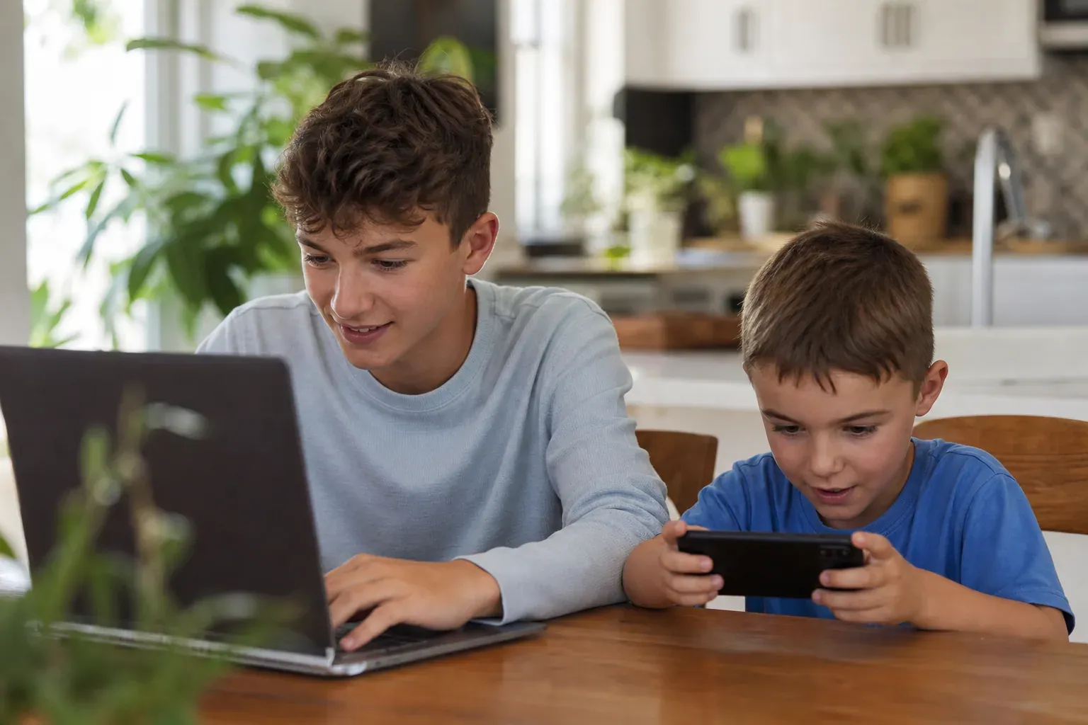 Deux personnes jouent à Roblox sur un ordinateur portable et un smartphone dans un intérieur lumineux et réaliste.
