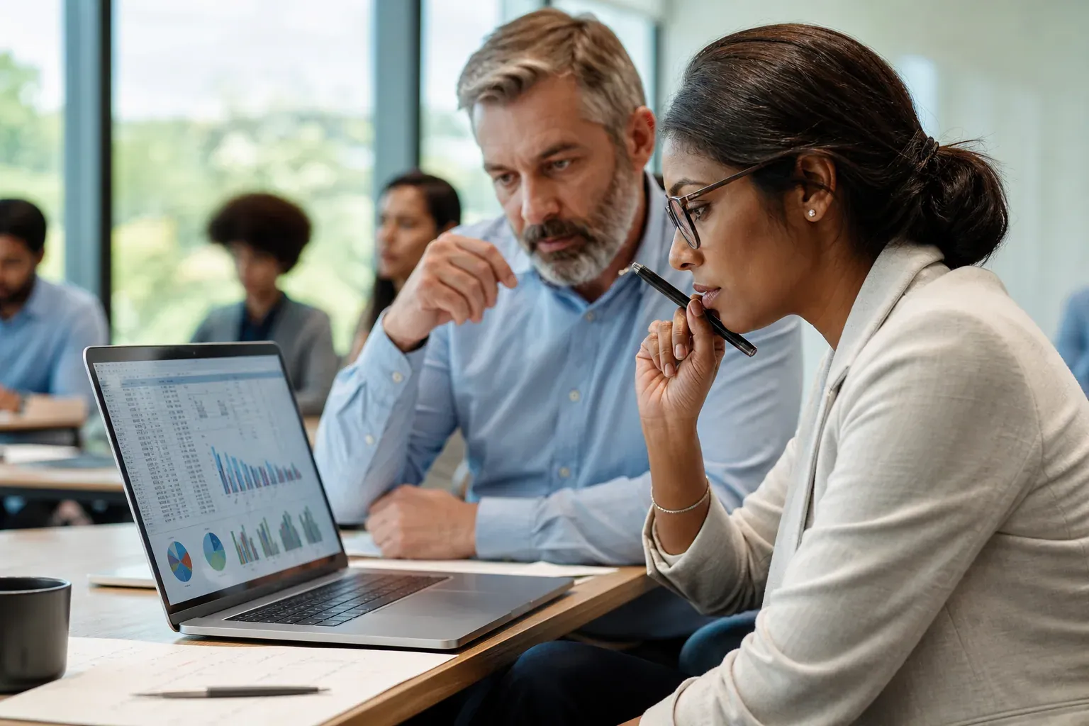 Une personne en formation analyse des tableaux de données sur un ordinateur portable dans un cadre professionnel moderne.