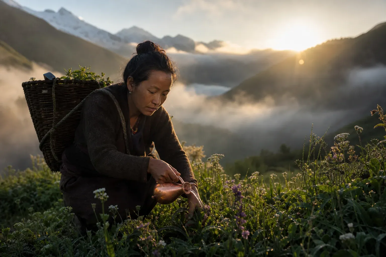 Une vallée montagneuse népalaise au petit matin, couverte de rosée sur les plantes, avec une scène de récolte délicate pour la parfumerie.